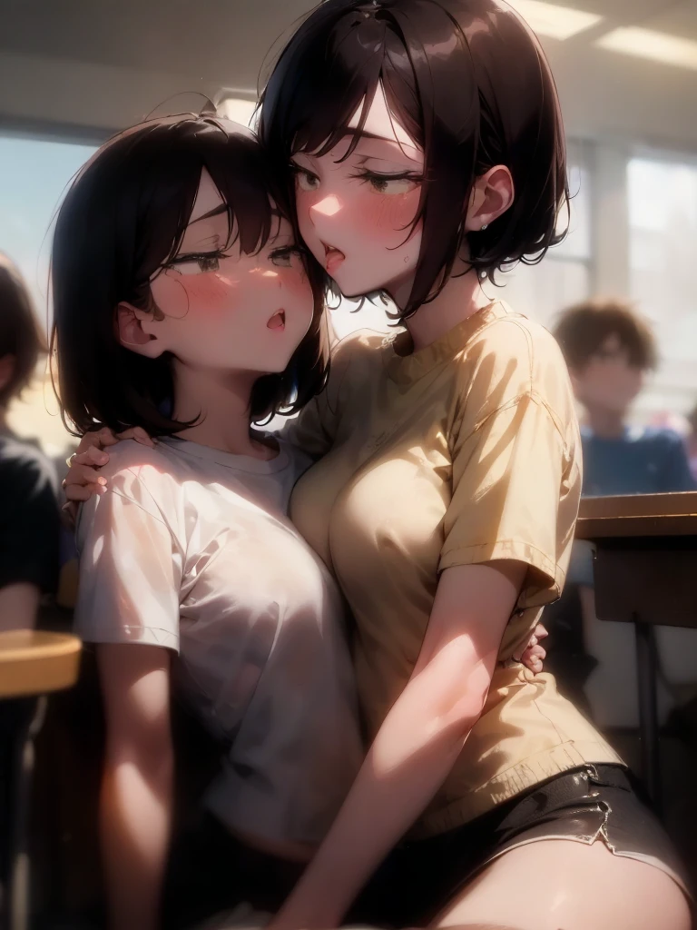 Girl and Girl、 elementary school students、Very short t-shirt、Embrace each other、 French Kiss、 Short Skirt 