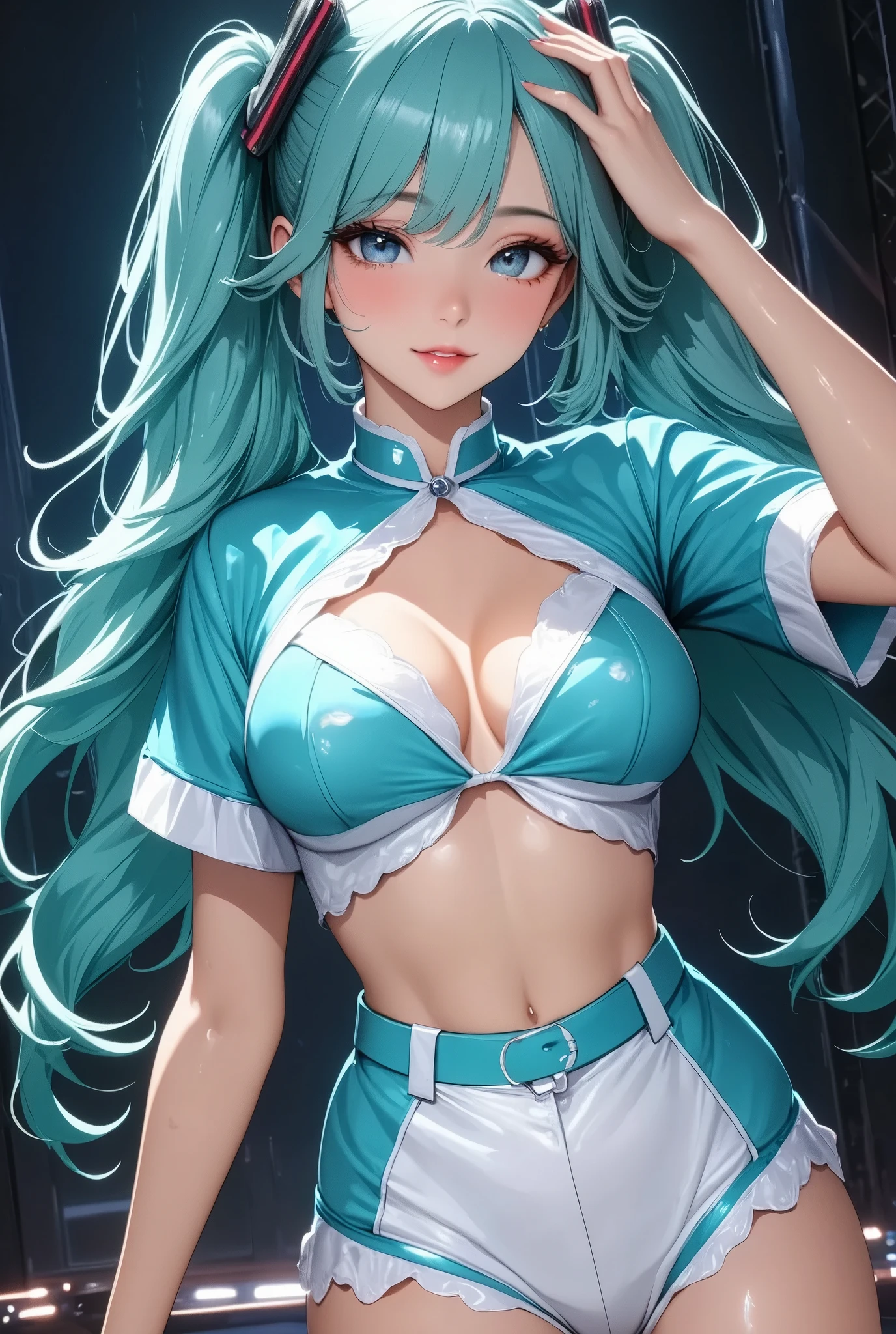  detailed portrait of Hatsune Miku ,  long turquoise hair ,  long twin tails, Hair accessories,  beautiful detailed eyes,  beautiful detailed lips ,  highly detailed face,  cute expression , smile, smile, ((turquoise blue and white idol costume:1.6, Short sleeve)), Detailed background of the live music stage, (( full body view:2,  live action , Dance Motion)), Detailed lighting and shadows ,  photorealistic, 8k,  high resolution on down, masterpiece,  bright colors,  cinematic lighting 