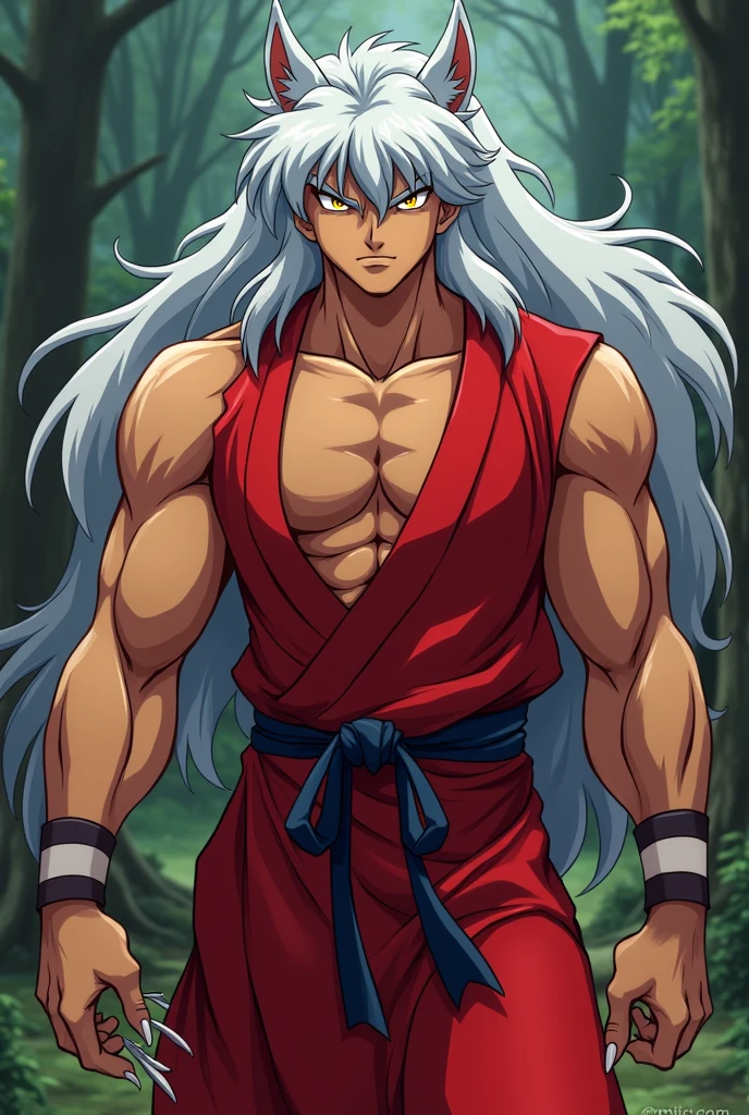 "Anime style depiction of a strong and shirtless character with long white hair, prominent fangs, and adorned with black bead bracelets. The character is young and wears a red bread necklace, They are dressed in black and pink baggy pants and have a tall stature. The background features elements of fire and a tiger. The character has striking white eyes, anime face, stereogram, tachi-e, pov, atmospheric perspective, 8k, super detail, accurate, best quality