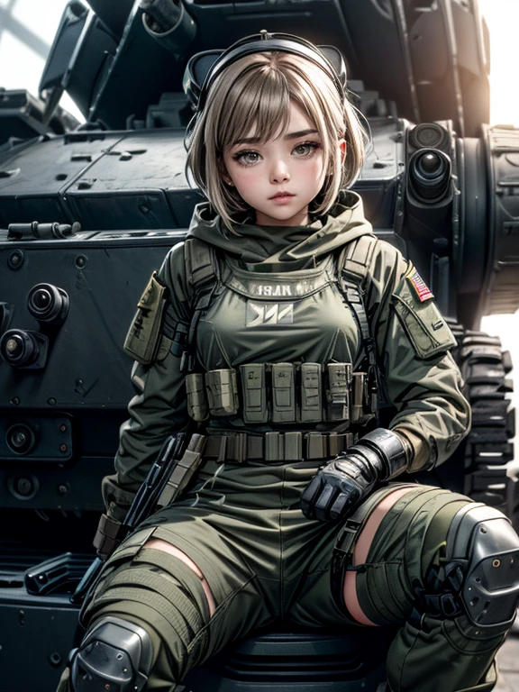 A female soldier sitting next to a tank , wearing a light gray M-51 hooded military uniform, Personal equipment set , Gunpan , Knee pads,(masuter piece, Best Quality,Perfect Anatomy), Chloe Moretz,24 years old, Dynamic Angle,eyes realistic sizing, drooping eyes,(smaller head:1.4,small breasts:0.8), Malvese, Volumetric lighting, Sunlight, Luminescence,ragged clothing