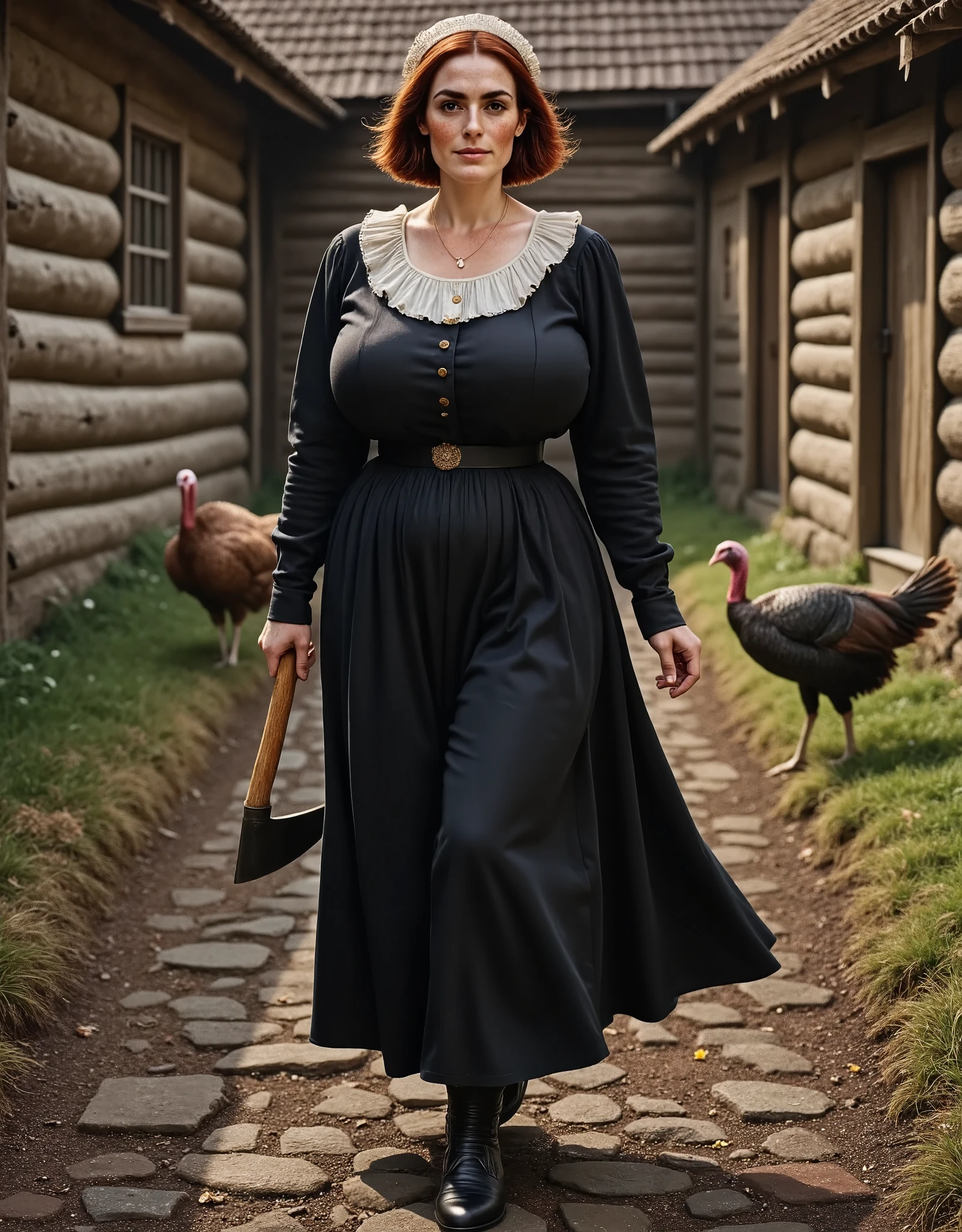 Photorealistic, cinematic style, a picture of a beautiful British woman in a puritan woman's outfit. She has black dress, white bonnet and white capelet, white apron. Black buckle shoes. She's walking on a stony path between farmyard loghouses in Massachusett colony. A group of turkeys walking in their pen. She is carrying an axe in her hands. She's got brown eyes, downturned eye shape, light skin and freckles, reddish-brown hair, long bob hairstyle. perfect hand,HDR, intricate details.