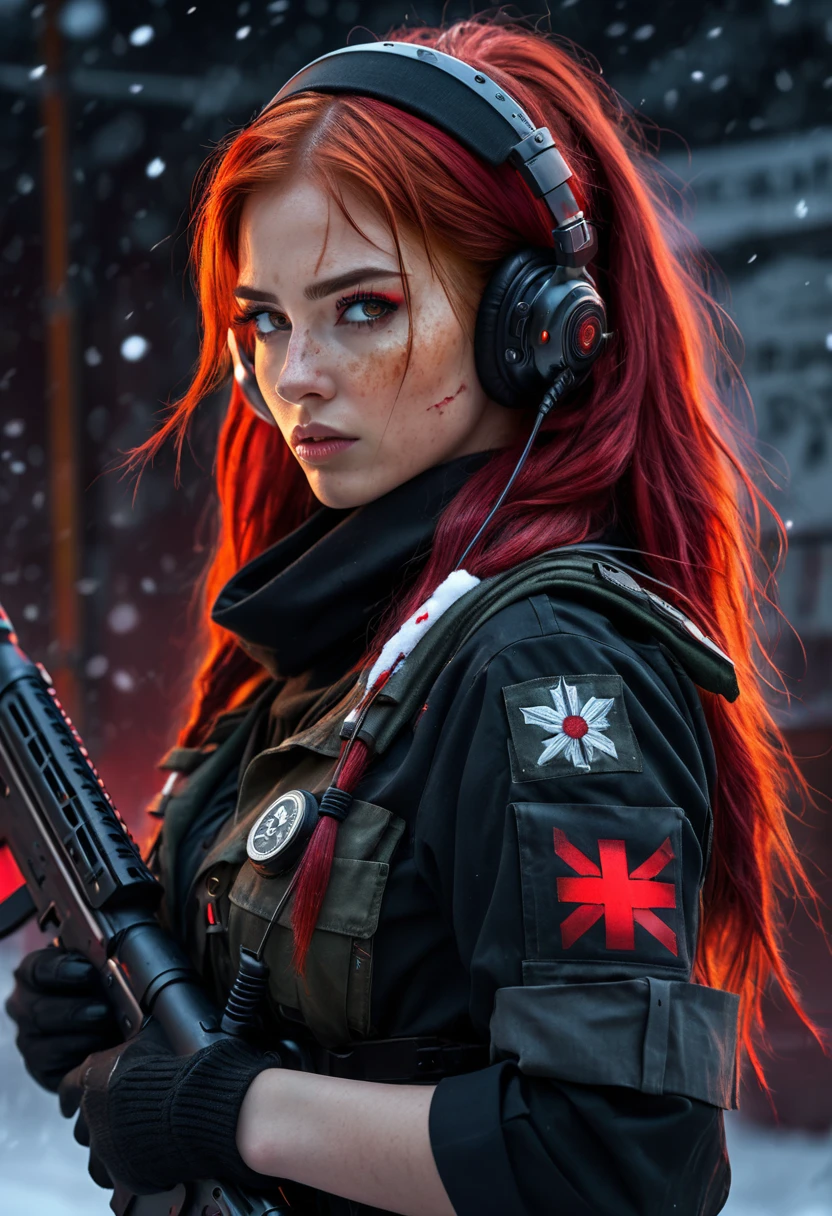 post-apocalyptic, high resolution, 1 woman, Solo, view the viewer, (Detailed face),Red hair, Long closed in back hair, military Nurse outfit, drops of blood on arm, red and black clothe, Snow background, Girl aiming assault rifle, mechanical, Glowing Eyes, Metal surface, Digital display, Streamlined Design , Digital Creatures, bio-mechanical, Glass visor, fear pose , Invisible Circuits, Colorful wires ,scarf, long boots wit red light, headset with antenna and headband medical sight, medical box in waist.
