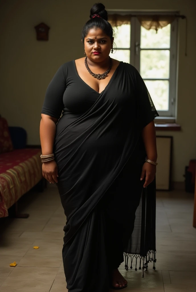 An indian plus size sexy aunty wearing dark red blouse and dark red skirt , she has big wide belly and fat legs