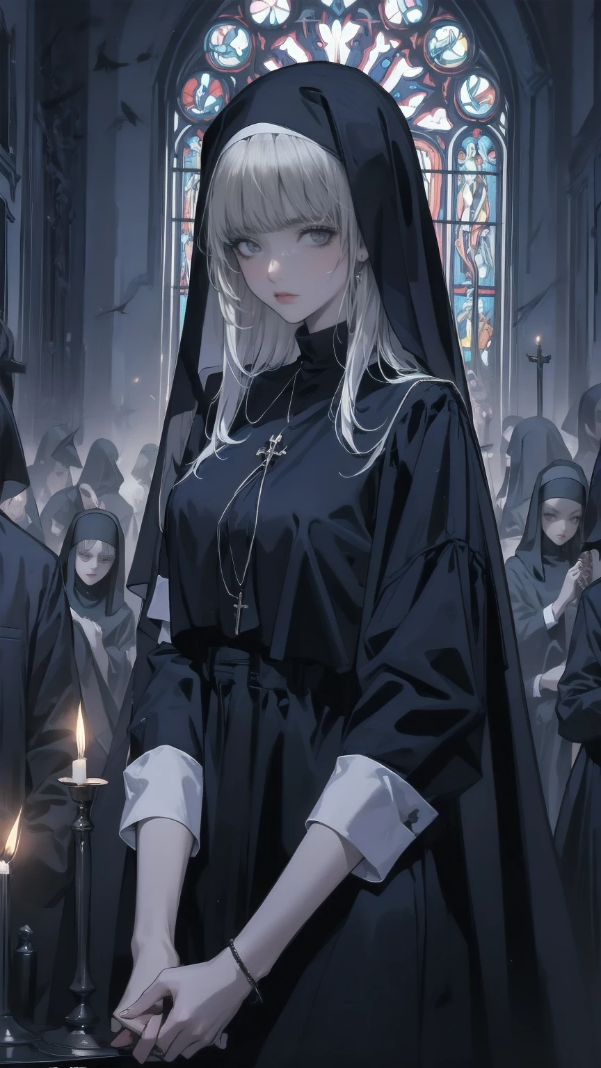 Illustration, Best Quality,  1 girl,  a silver-haired nun with bright light blue glowing eyes ,  on a cracked wall  ,  holding hands and praying  , solemn look ,  a dim church dedicated to devil worship  ,Devil's statue ,  a dark nun with no stained glass windows ,  candlelight only  ,  dark and oppressive atmosphere , Hopelessness and helplessness ,  gothic and eerie atmosphere  ,  dark nun clothing that reflects shadows 
