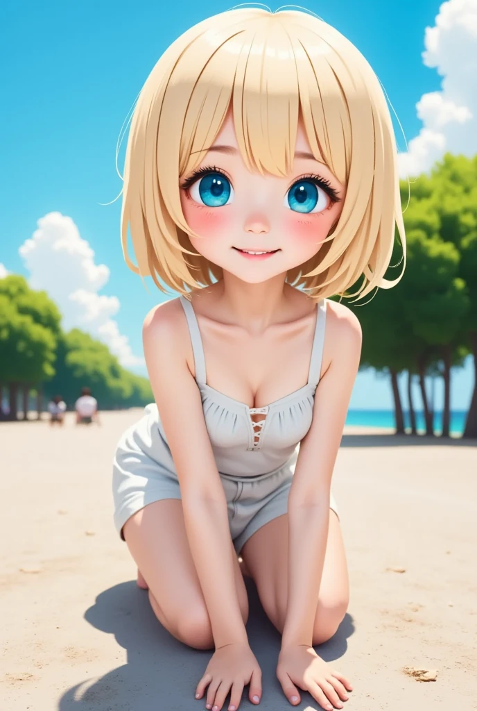   score_9,   score_8_up,   score_7_up,  score_6_up,   score_5_up,  break， RAW Photos、、 REAL PICTURES、 Realistic、  High image quality ，   Very Young Girl  ， super flat ,   flat shading  ,    flat color :1.1), (Seaside),   1 girl, little, ***, slim,   flat chest, (  sunburned skin from before:0.6),  Blonde,   blue eyes,  Hide your chest , smile, Blue Sky, Dazzling sunlight,  best shadow , watercolor,   camel toes,   showing pussy playing on the road, Detailed vagina,