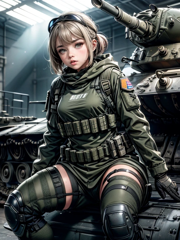 A female soldier sitting next to a tank , wearing a light gray M-51 hooded military uniform , Gunpan , Knee pads,(masuter piece, Best Quality,Perfect Anatomy), Chloe Moretz,24 years old, Dynamic Angle,eyes realistic sizing, drooping eyes,(smaller head:1.4,small breasts:0.8), Malvese, Volumetric lighting, Sunlight, Luminescence,ragged clothing