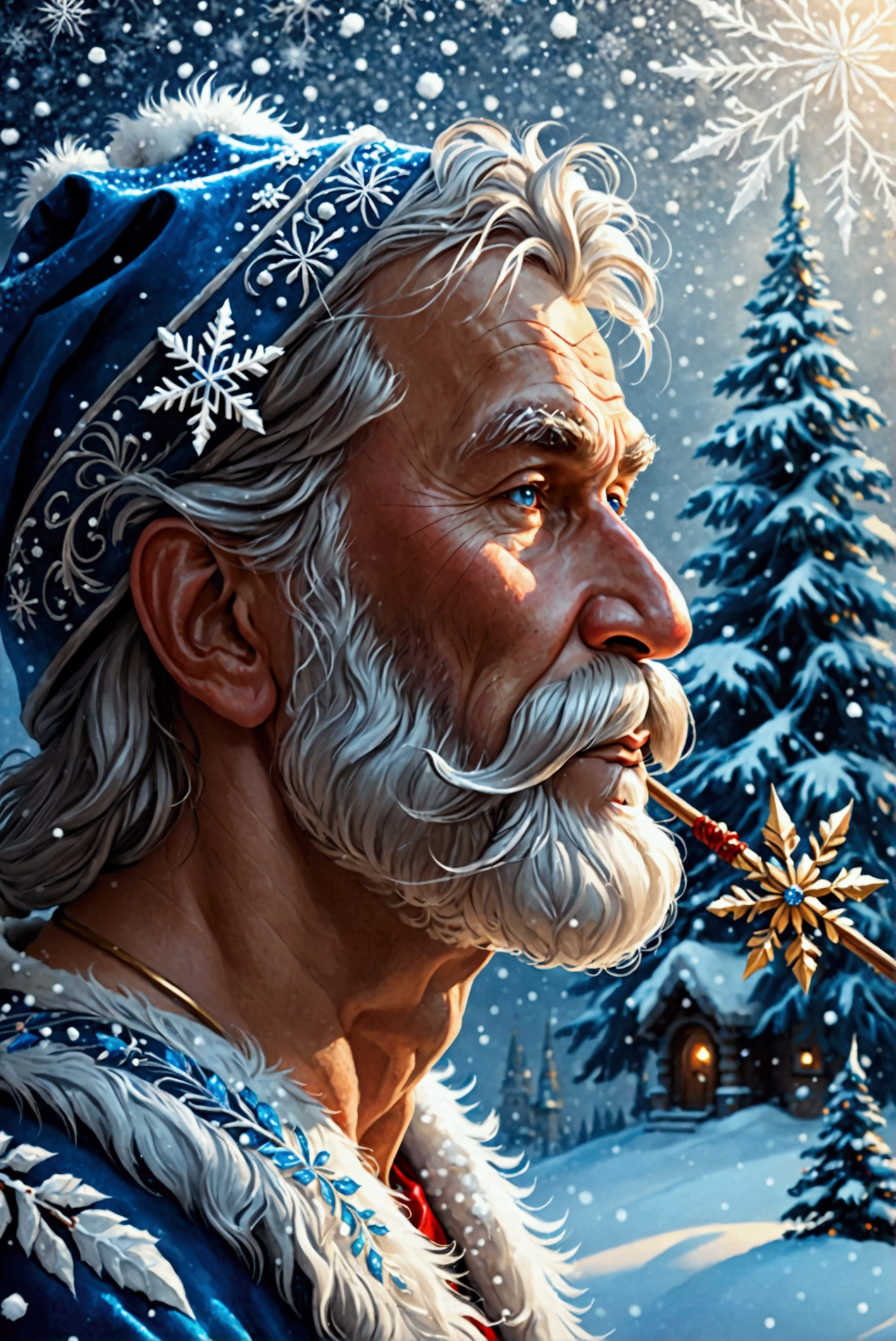 ❄️❄️❄️
Арт, kind handsome Santa Claus from Russian folk tales , holds a staff ,  near the Christmas tree , snow ,  A very long blue rich fur coat embroidered with shiny snowflakes  ,belted with a sash