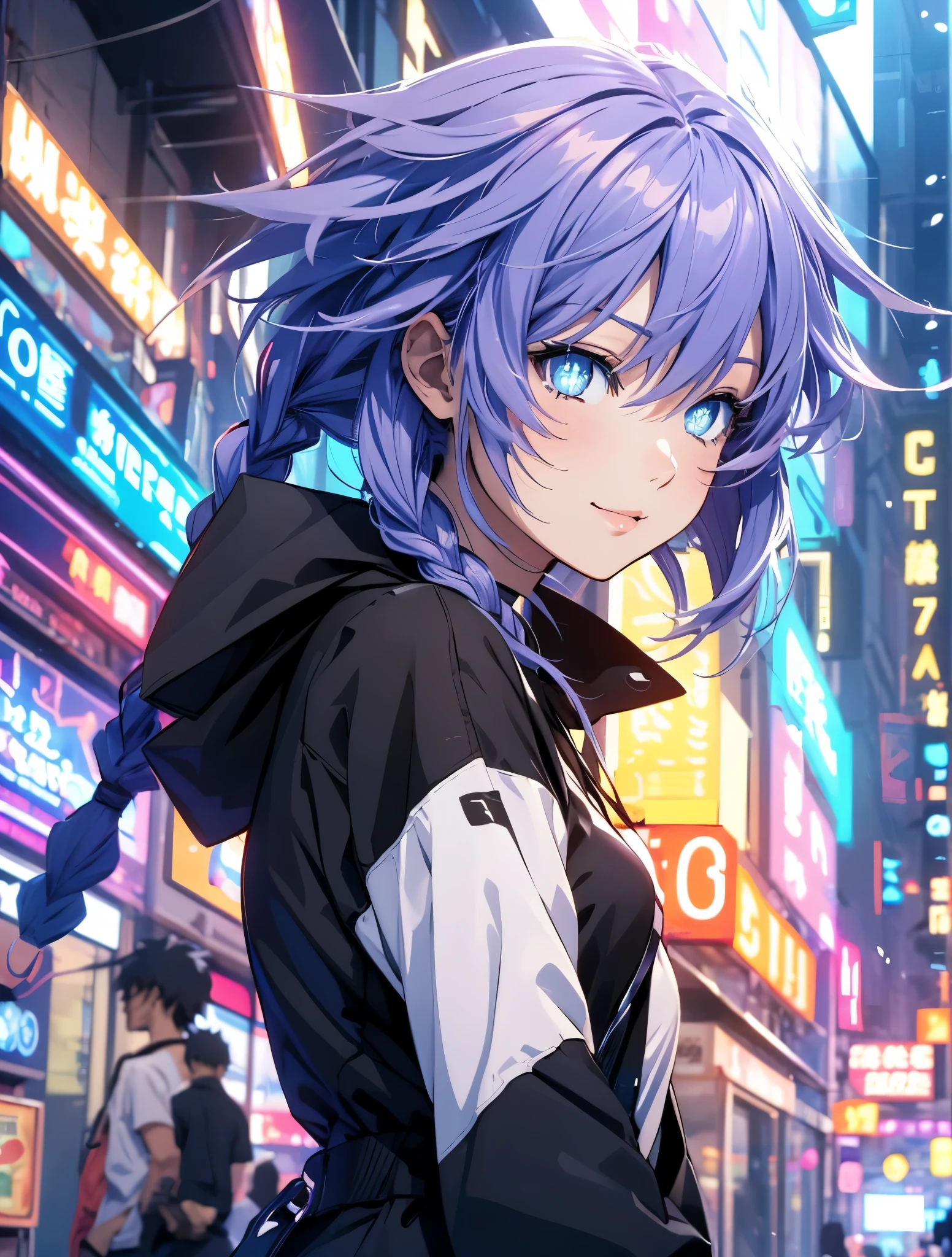 Masterpiece picture quality,Rainbow,Urban girl,ssmile,number art,style of anime,Retro anime girl,Punk girl,in an anime style,dual horsetail,Trendy,neonlight,depth of fields, perfil lateral delantero, ropa urbana
