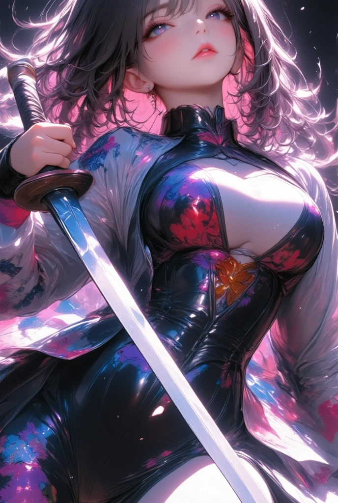 One young and beautiful woman,(Best Quality, Extremely Detailed Description , Incredibly Absurd Hi-Res),(Anime Samurai Girl ),(kimono,Hakama,Long sword:1.3),(Black Eyes,Black Hair, half-closed eye:1.1,sweat,Beautiful legs,Curvaceous Body, shiny skin, holding a sword :1.5, is holding a sword:1.3,Shining Steel Blade:1.3,Sword,),Full body image, anime picture ,Side view,background:Riverside,Natural Light,Focus on the sword 