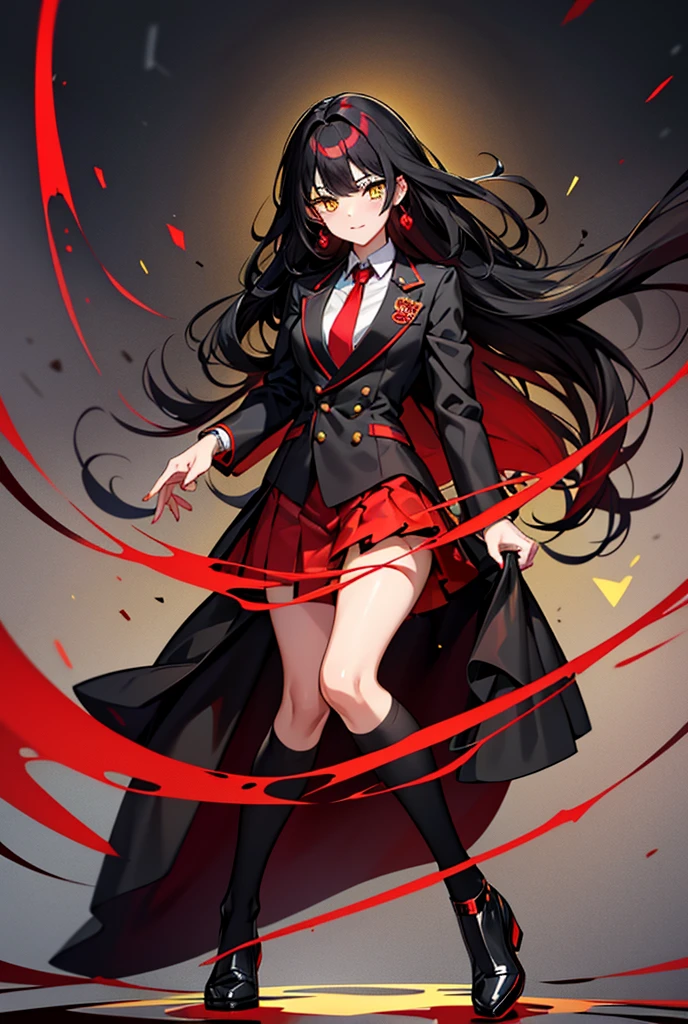 yellow eyes, black hair, wavy hair, red inner hair,  black shirt formal,red jacket, jeweled earrings, red skirt ,  necktie,高いディテール, ソロ, full body