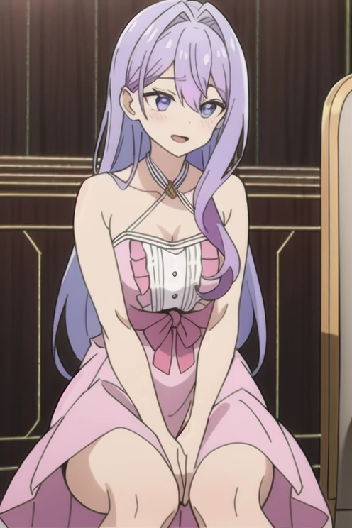 NSFW,I entered Sajnajuju.,Pink Hair、Pink Eyes、Long Hair、Two Side Up,Small breasts,Embarrassed,blush,In heat,Expectant gaze,Fantasy,Cabaret Dress,(Perfect hands),(Perfect Anatomy),(masterpiece),(highest quality),Luxury Room,bedroom