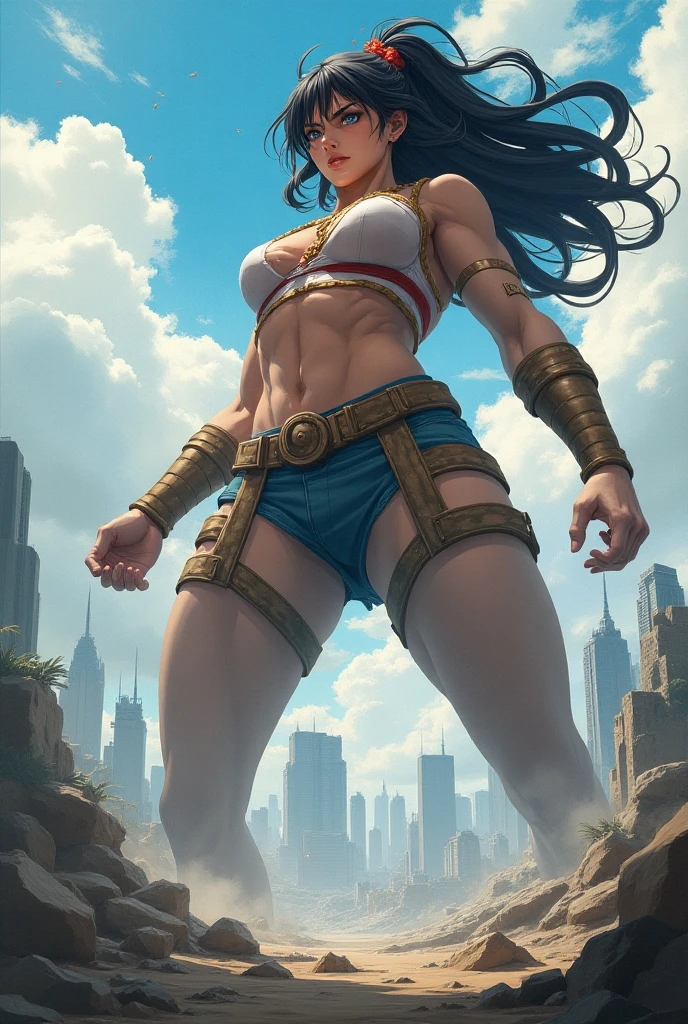 8k, best quality, real photo, intricate detail, ultra detail, super high resolution, depth of field, (realistic, realistic:1.2), masterpiece, photorealistic, leotard, realistic blue eyes, dark hair, lips, long hair, solo, natural skin texture, slightly sunburned skin tone, sweat dripping down face, legs and body, burning sky, (midriff_exposed:1.4), (((from below))), ancient greek background, nikon d850, film stock, photo 4 kodak portra 400 camera f1.6 lens, rich colors, surreal, vivid textures, dramatic lighting, unreal engine, trends from artstation, cinestill 800, athletic body