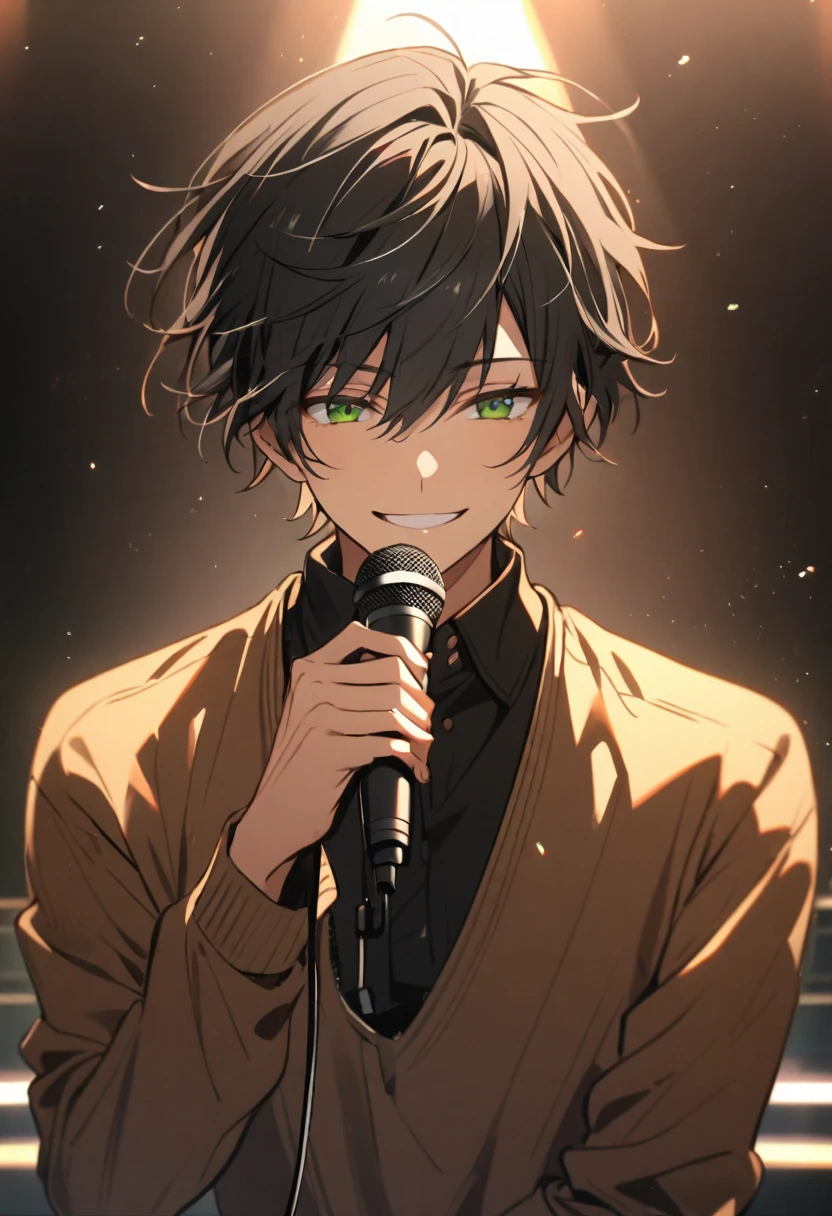 Alone, 1 male, Unkempt Hair , Black Hair, Green Eyes,Short Hair, Long Sleeve ,Smile Face,singer