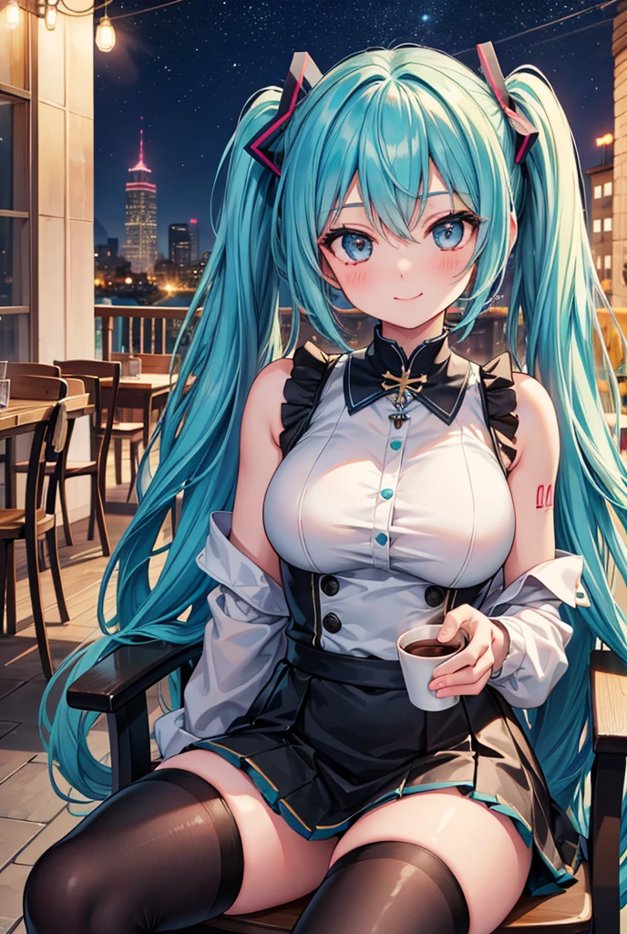 (masterpiece, sidelighting, finely detailed beautiful eyes: 1.2), Hatsune Miku, happy, corset, garter_belt, boots, guiitar, sitting, at table, pub