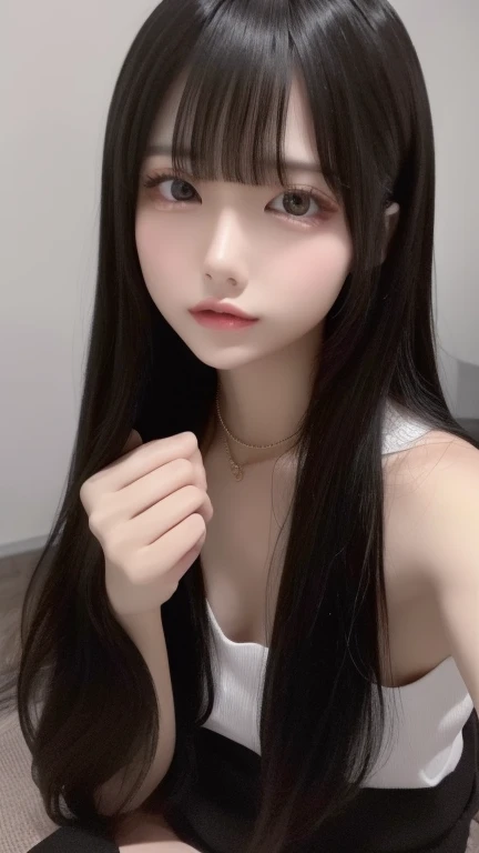 highest quality、8k、32k、masterpiece、Hmph:1.2)、One Girl、One Girl、Black-haired、Heavy bangs、Long sleeve shirt、Hair length、Very long hair、In the back alley、Focus on the face、Focus on the face、Focus on the face,nsfw,(nipple slip), Mid-chest,Detailed nipples,topless