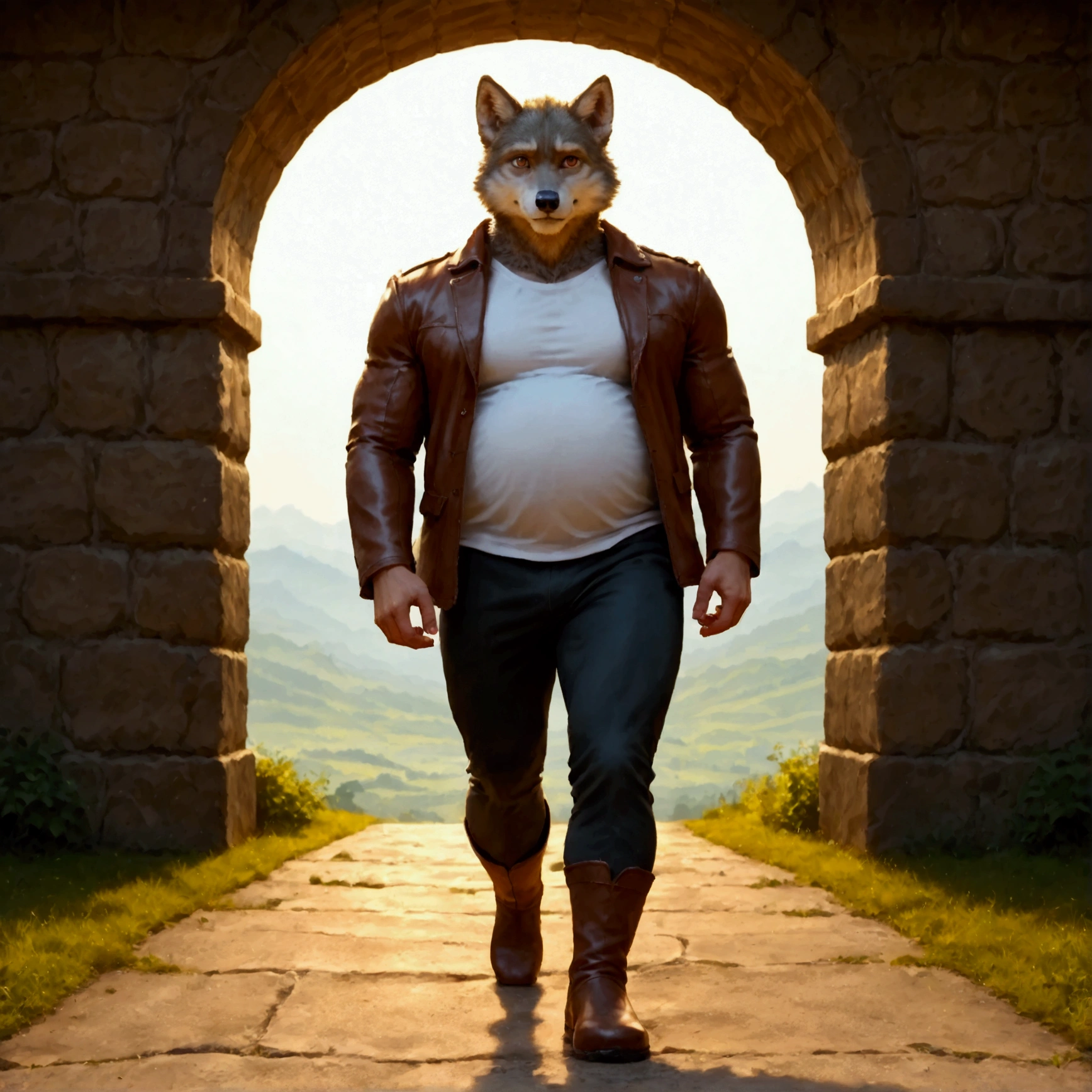 character focus, full body, looking away, dynamic angle, european fantasy, a musclegut middle-aged wolf man, jacket, shirt, pants, dynamic pose, BREAK complete anatomy, perfect proportions, beautiful thigh gap, fluffy body, intricate fur details, beautiful fur texture, BREAK a detailed wolf 1tail, detailed boots, detailed foot, detailed hands, 5fingers, 5fingers nails, BREAK manly, intense face, insanity detailed face, male face, big face, square jawline, aesthetic anime eyes, detailed brown eyes, detailed brown cornea, detailed dark brown irises, detailed pupils, male eyes, big eyes, male eyebrows, innocent look, beautiful beard, BREAK full body in Michelangelo Buonarroti style, digital illustration anime, housamo style, detailed painting landscape, bedroom, indoor, full color, HDR, BREAK masterpiece, official art, best quality, very aesthetic, absurdres, super fine illustration, great quality, BREAK noise reduction, very highres, large filesize, high quality, 32K, 8k wallpaper, dynamic lighting, BREAK insanity detailed, ultra detailed, intricate details, extremely detailed, detailed texture, an extremely delicate and beautiful, BREAK e621 illustration, osukemo, kemohomo, anthropomorphic, furry, cartoon, harmonious body, pastoral face, virtuous eyes, watercolor-like