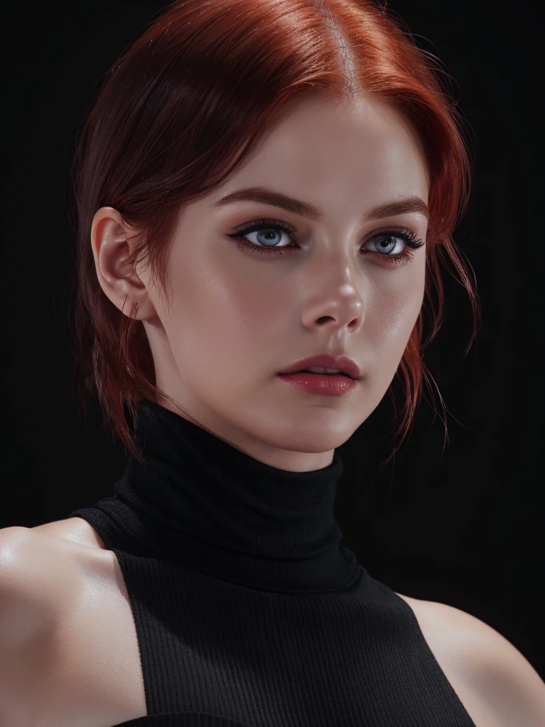 woman ,Auburn-red-hair,short hair, pale, wearing black turtleneck. eyeliner,portrait, beautiful woman, beautiful female ,beautiful ,eyeliner , elegant, digital painting, smooth, dramatic lighting, ultra realistic, 8k, art , blur backgrond, black background ,black background,black wallpaper,wearing black turtleneck.