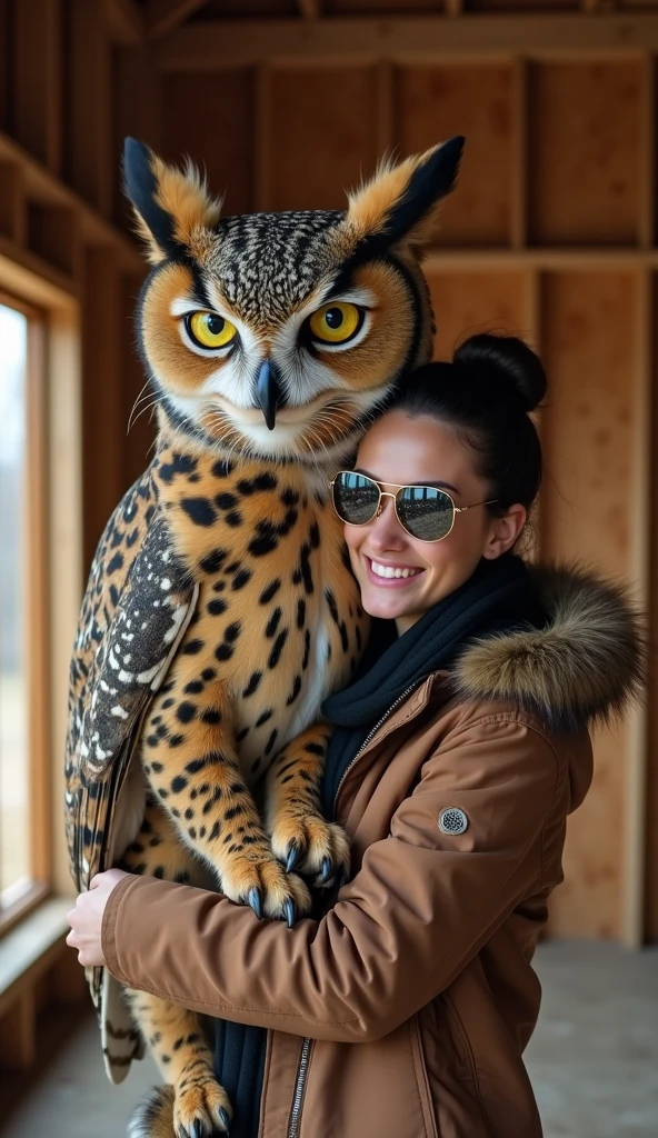 A beautiful young woman with large breasts, detailed eyes, wearing a one-piece black bikini, with the face and beak of an owl and a small black bird perched on her shoulder, 8k, highres, photorealistic, ultra-detailed, intricate details, hyper realistic, award winning, digital art, oil painting