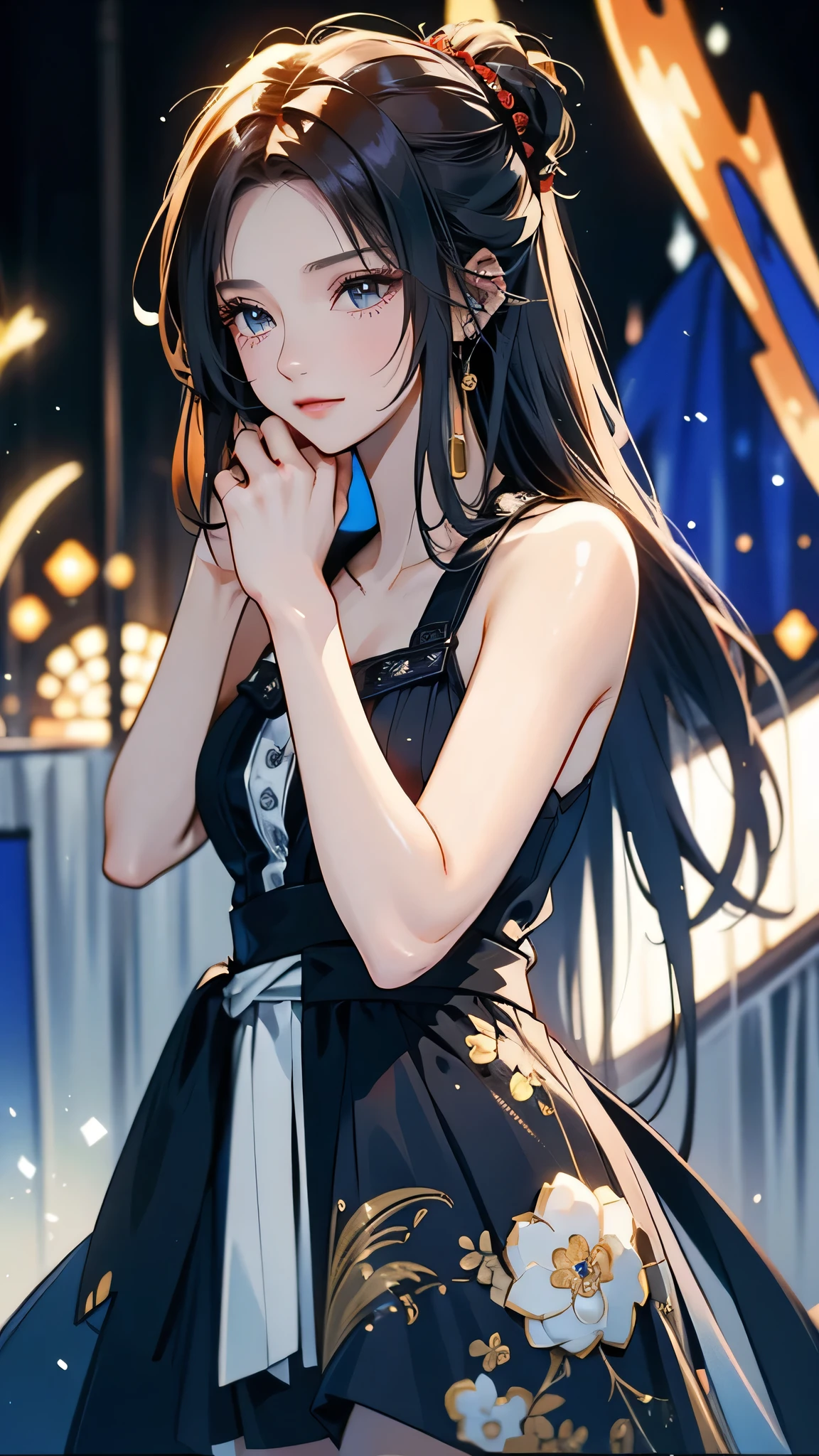 Reaching out to dance in a black gala dress 