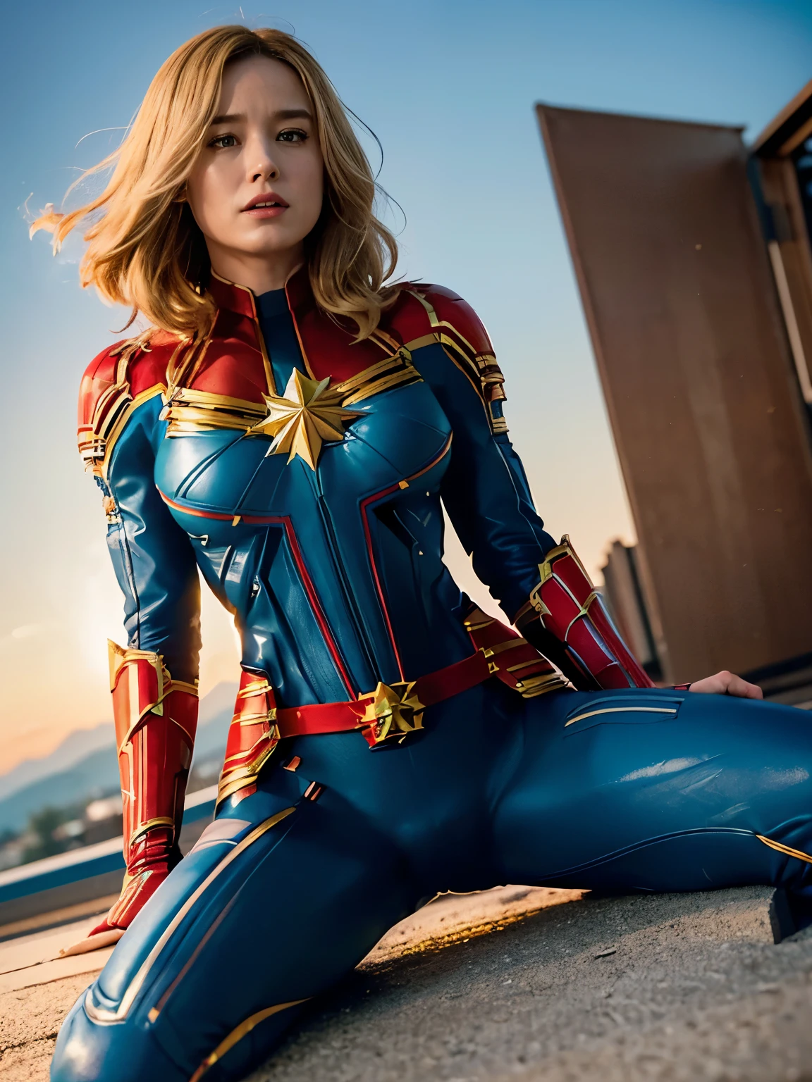 (masterpiece), best quality, expressive eyes, perfect face,(Cool Light),(Bottom Light),(The light illuminates the crotch), super high definition,4K,Super detailed,8k, ,((screaming Brie Larson open thighs manspread urination)),((captain marvel open thighs manspread )),((Carol danvers,)),puffy nipples,(camel ropes),pubic hair,((platinum blonde hair)),blue eyes,voluptuous,((clear sky)),shoot from below,((damage)), ((injuries)), ((blood)),((bruises)),((torn costumes)),(dark pubic hair),(partially visible vulva),,abs, navel,(high leg leg suit),