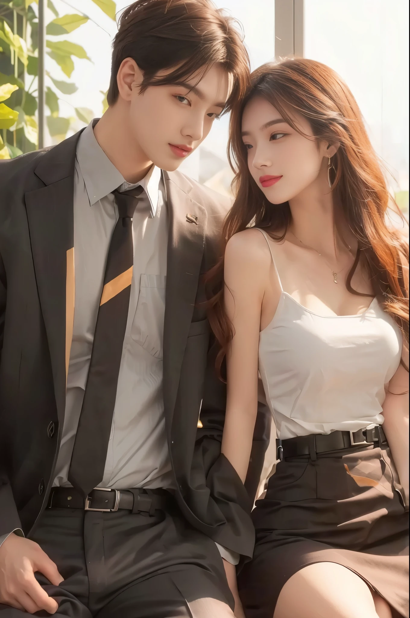 Two people, a man and a woman, couple, beautiful woman, wearing tops, shorts, riding, handsome man, suit