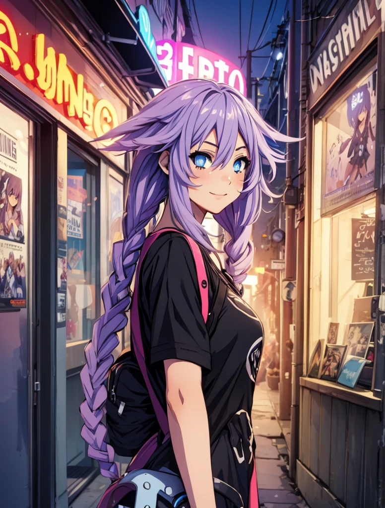 Masterpiece picture quality，Rainbow，Urban girl，ssmile，number art，style of anime，Retro anime girl，Punk girl，in an anime style，dual horsetail，Trendy，neonlight，depth of fields, perfil lateral delantero, ropa urbana caderas