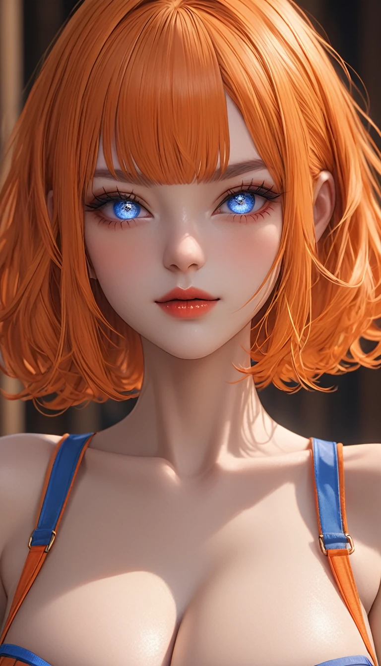 masterpiece,   high resolution on down ,   anatomically correct , 最 high quality,   high detail ,  high definition model ,   very detailed,   high quality,  Ultra High Definition,   Textured Skin,  Realistic Skin , Delicate skin, split hair（orange and blue）, Bob Hair,  bangs between eyes, Blue Eyes,  Sparkling Eyes,  high resolution on downの目, Adult women, textured lips,  big breasts at the temple,  heavy makeup, 
Wearing clown clothes,
 naughty face,