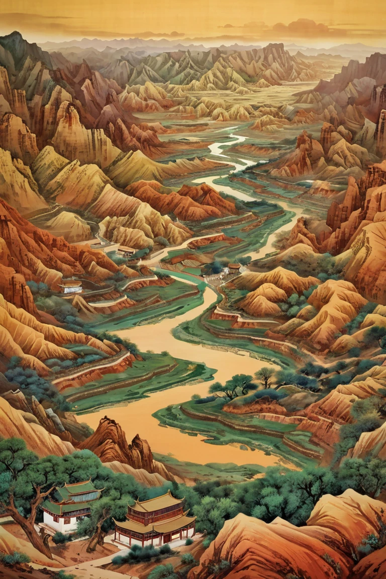 mural， Danxia landscape, Zhangye, China，国画mural，Chinese Landscape Painting， Landforms of the Gobi region.