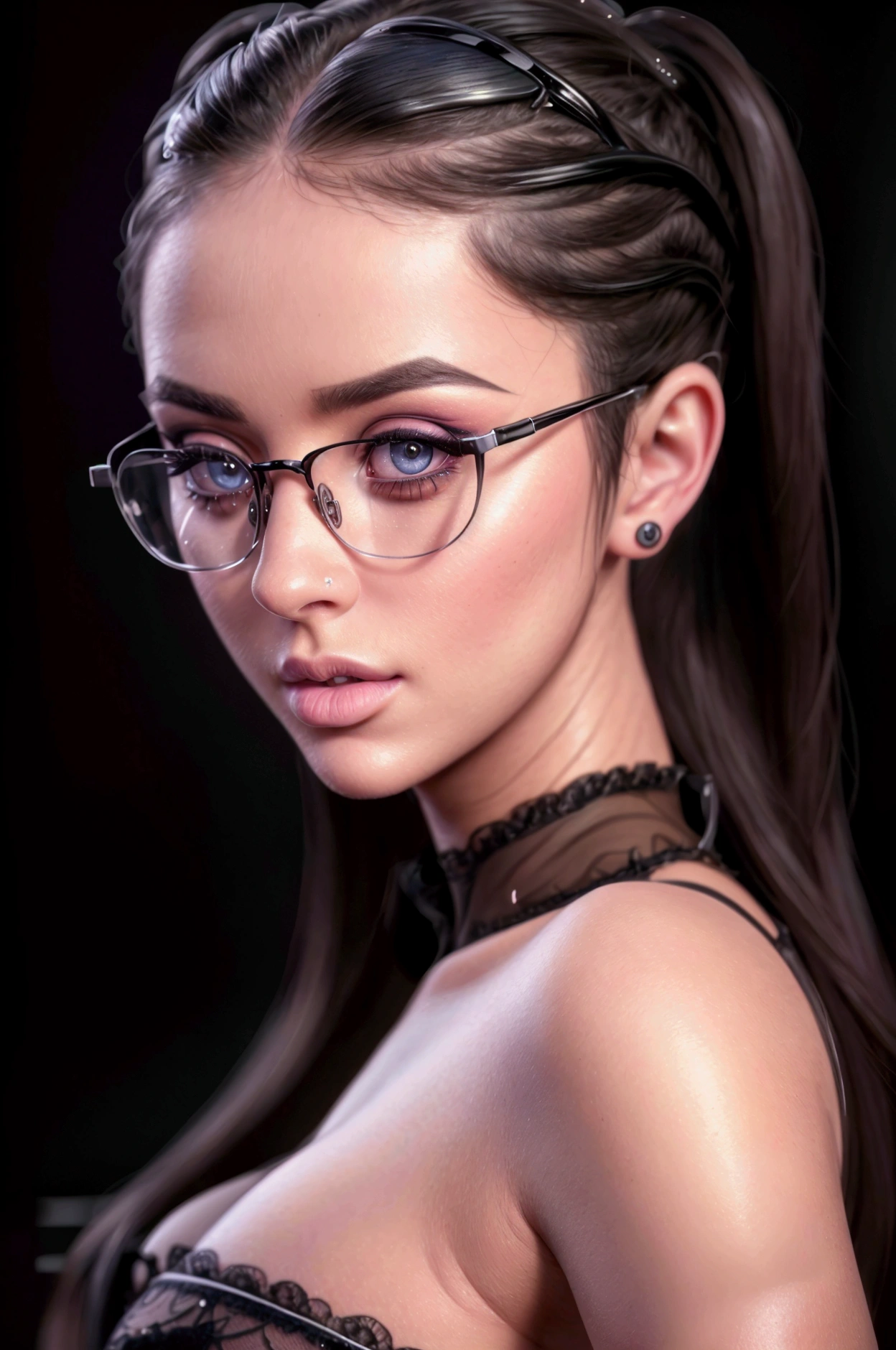 (masterpiece1:2, 4k, 8k, best quality, highres), sexy female, blue long hair, beautiful eyes, wearing glasses, cyberpunk style, vivid colors, sexy look, seductive face, pov, viewers --auto --s2