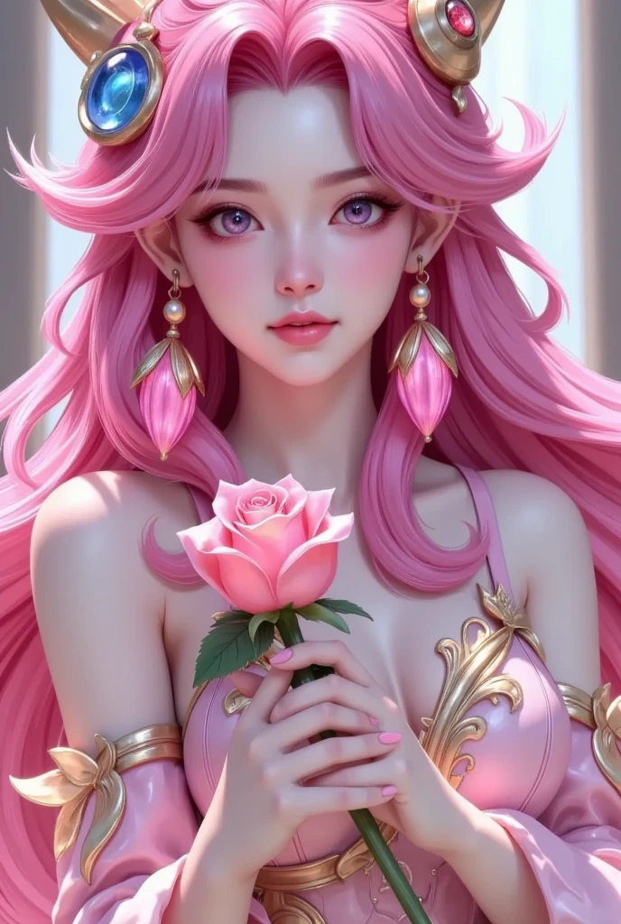  close-up of a woman in a pink dress holding a rose,  beautiful and attractive anime woman ,  extremely detailed artgerm , 8K HD Detailed Art ,  Beautiful Fantasy Art ,  Seductive Elf Princess Knight ,  beautiful fantasy anime , Anime Goddess, A beautiful fantasy queen, Beautiful fantasy girl, ((A beautiful fantasy queen)), 2. 5d cgi anime fantasy art 