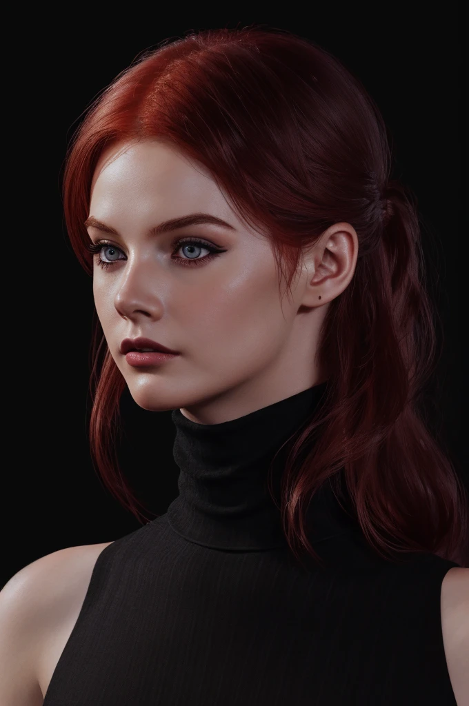 woman ,Auburn-red-hair, medium hair, pale, black shirt, eyeliner,portrait, beautiful woman, beautiful female ,beautiful ,eyeliner , elegant, digital painting, smooth, dramatic lighting, ultra realistic, 8k, art , blur backgrond, black background ,black background,black wallpaper,wearing black turtleneck.