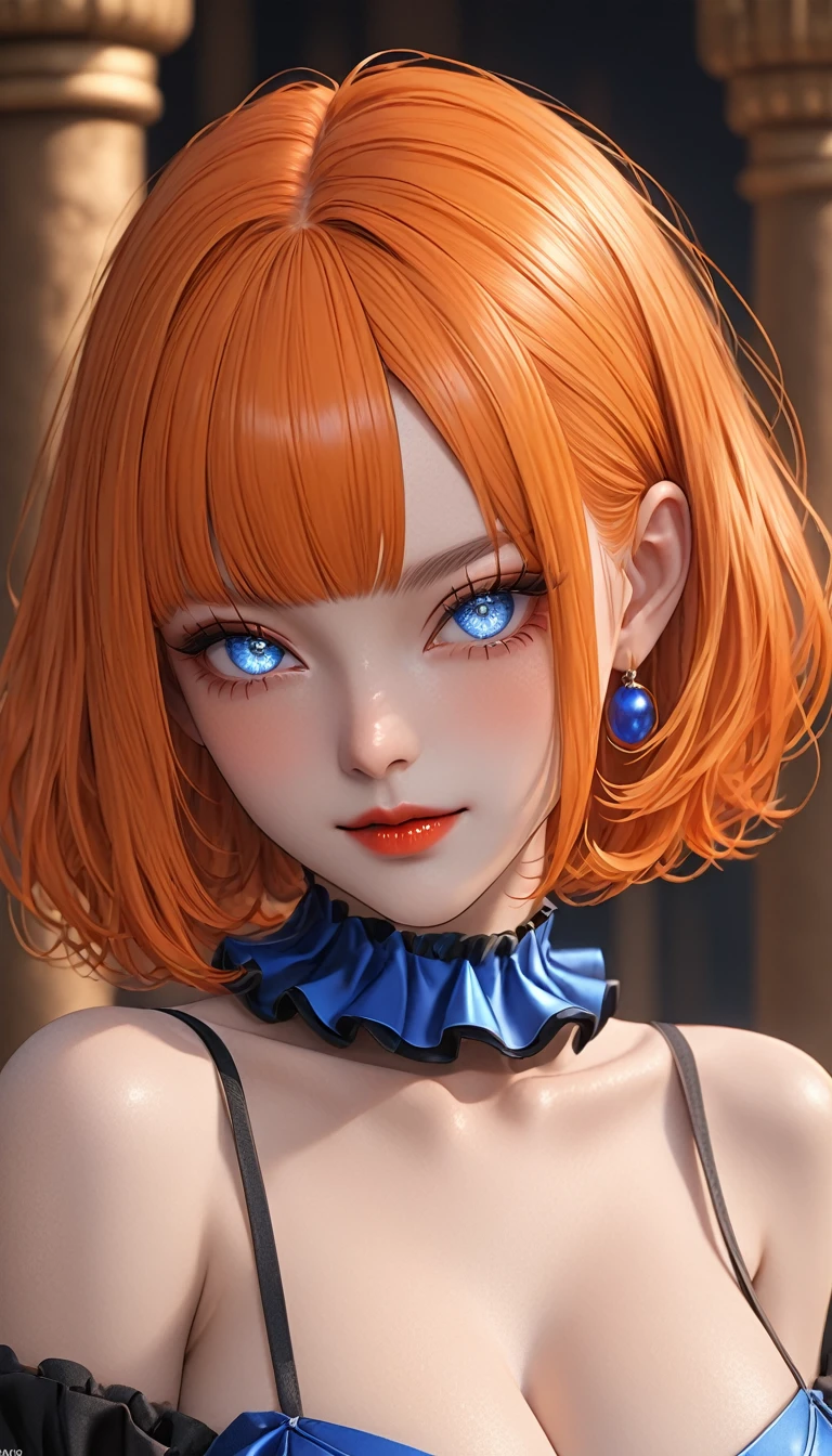 masterpiece,   high resolution on down ,   anatomically correct , 最 high quality,   high detail ,  high definition model ,   very detailed,   high quality,  Ultra High Definition,   Textured Skin,  Realistic Skin , Delicate skin, split hair（orange and blue）, Bob Hair,  bangs between eyes, Blue Eyes,  Sparkling Eyes,  high resolution on downの目, Adult women, textured lips,  big breasts at the temple,  heavy makeup, 
Wearing clown clothes,
 naughty face,