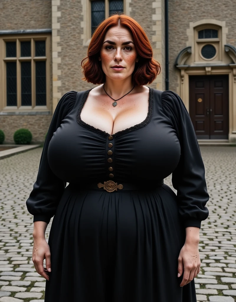 Photorealistic, cinematic style, a picture of a beautiful British woman standing in the courtyard of a Elizabethan manorhouse. cobbled stone pavement, grey stone walls, small stained glass windows. She is wearing a black Elizabethan era dress with high neckline. gigantic breasts, plump belly, broad hips. She's got brown eyes, downturned eye shape, light skin and freckles, reddish-brown hair, long bob hairstyle.  perfect hand,HDR, intricate details. massively huge breasts.
