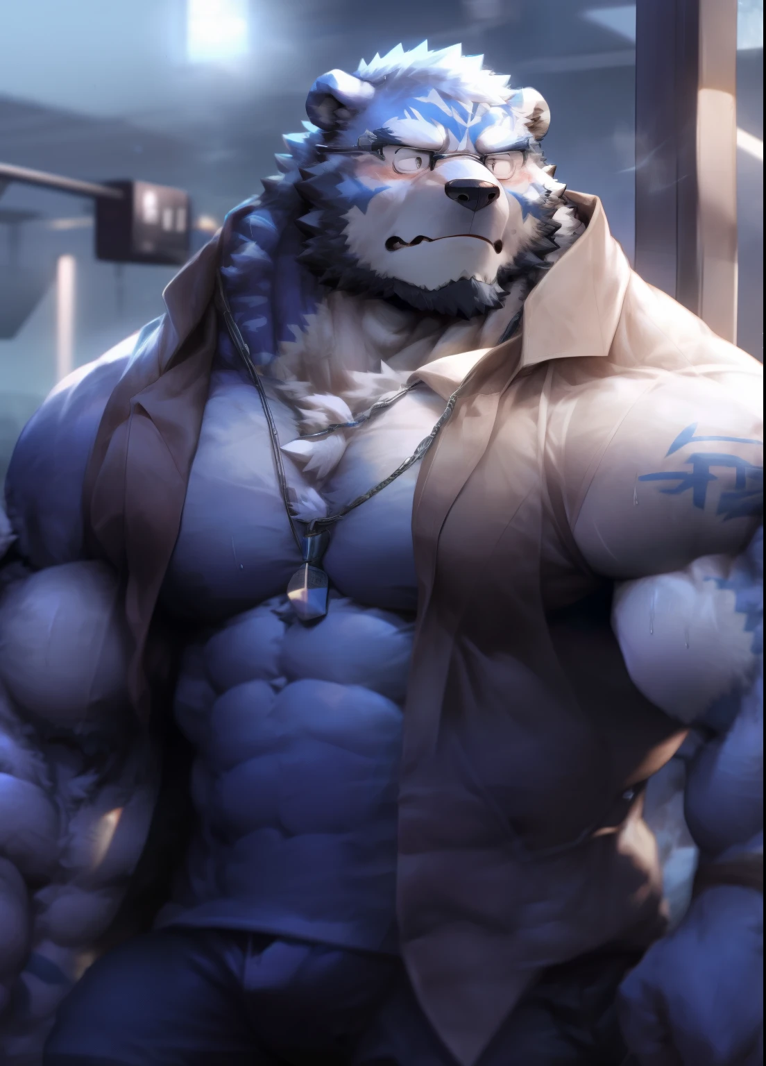(Ultra Detailed),Stay focused,Exquisite eyes,Brown eyes,hairy,look directly,(Black and white fur), black beard,Black Hair,human nature (Bear:1.3), male, Middle-aged and elderly people, brown body, White belly, muscular ,(Crotch bulge),Ultra Detailed的脸,(Messy 1.4),(best quality), (masterpiece), High Detail,high quality,high resolution,16K,close up,Majestic appearance,Overlooking,(Brown fur:1.3),(Topless),Bar Background,Drunk expression,fierce,Scar 1.3