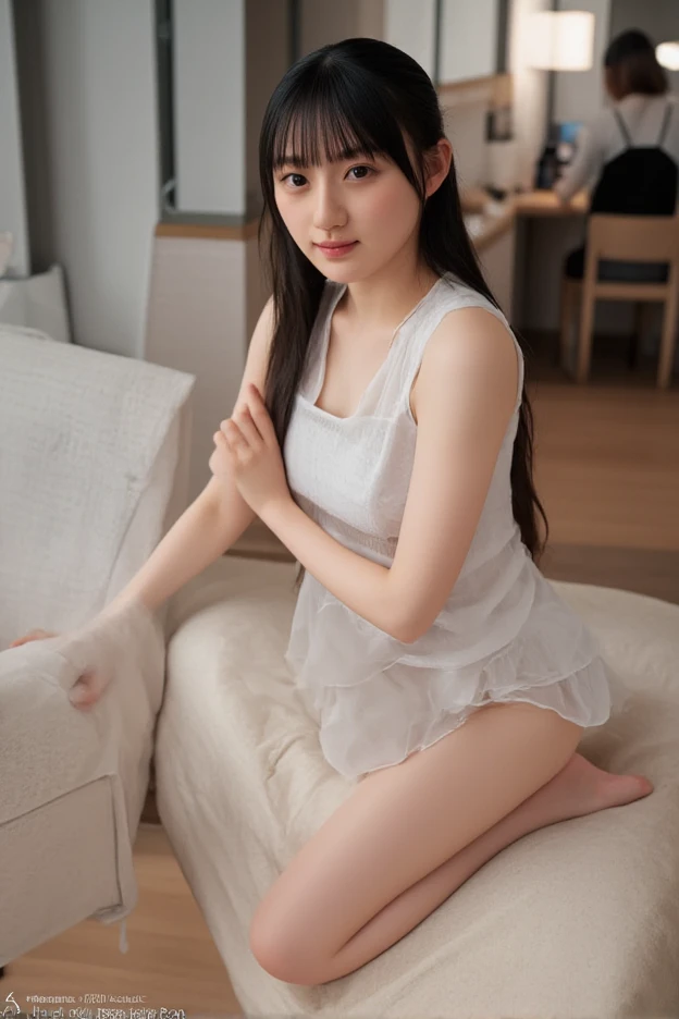 (((Highest quality,Very detailed,masterpiece,Very detailed))) ,(((Downward))),((Spread your legs)),loose breast,Camisole with showing through,one piece,barefoot,One Girl,Realistic,Bedroom、Looks sleepy