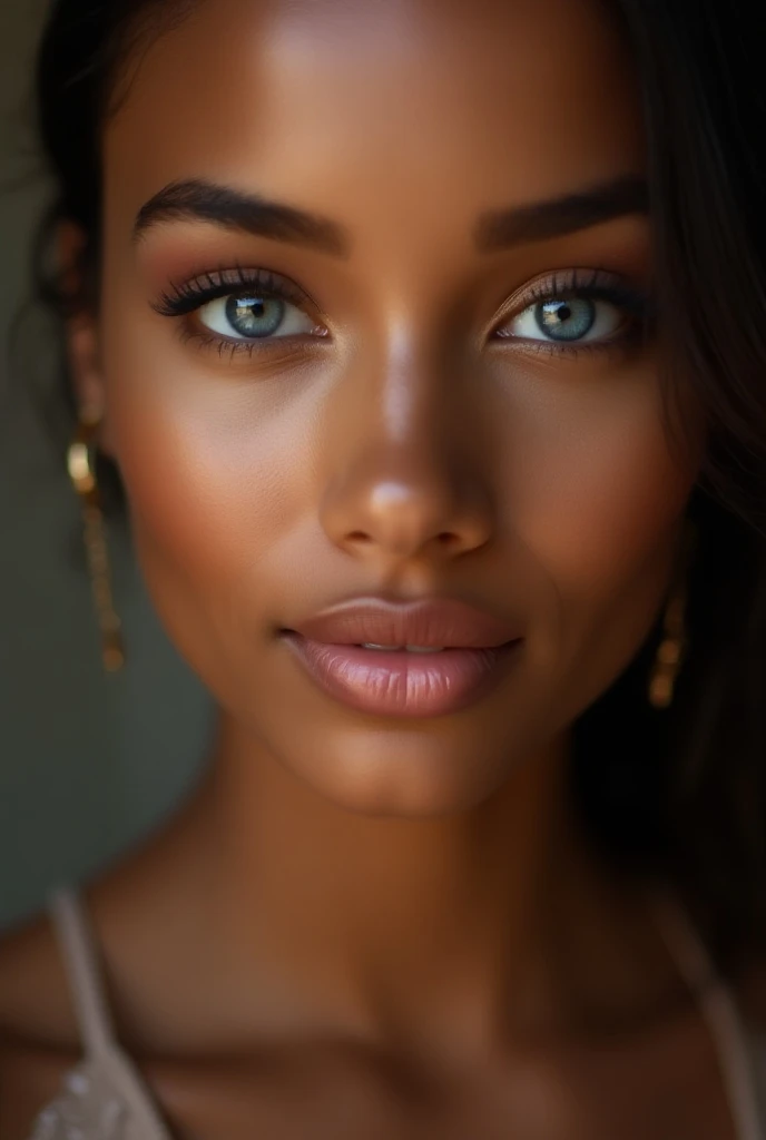 (((UHD, retina, masterpiece, accurate, anatomically correct, textured skin, super detail, high details, high quality, best quality, high res, 1080P, HD, 4K, 8k, 16k))), (gorgeous mixed supermodel, beautiful detailed blue eyes, beautiful detailed lips, extremely detailed eyes and face), studio lighting, physically-based rendering, vivid colors, (Medium Shot, shiny hair, shiny skin, blush), (bokeh), eye reflection,, dark atmosphere, highly detailed skin texture, extreme details, perfect breast, dark tanned skin, freckles,, ultra detailed skin texture, soft lights, flush skin