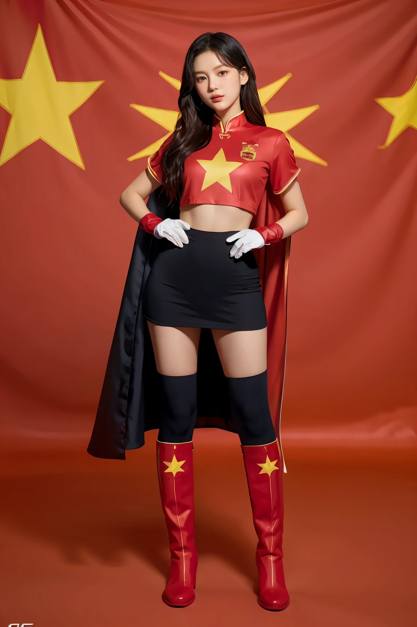 CG superhero five-star red flag girl wearing Chinese five-star flag logo uniform，The five-star flag logo is printed on the chest，Drape over a cloak+National flag，Wear red gloves on both hands+Put a pair of red boots on your feet，The whole body exudes the superpowers of a five-star red flag girl Standing and displaying a full-body photo