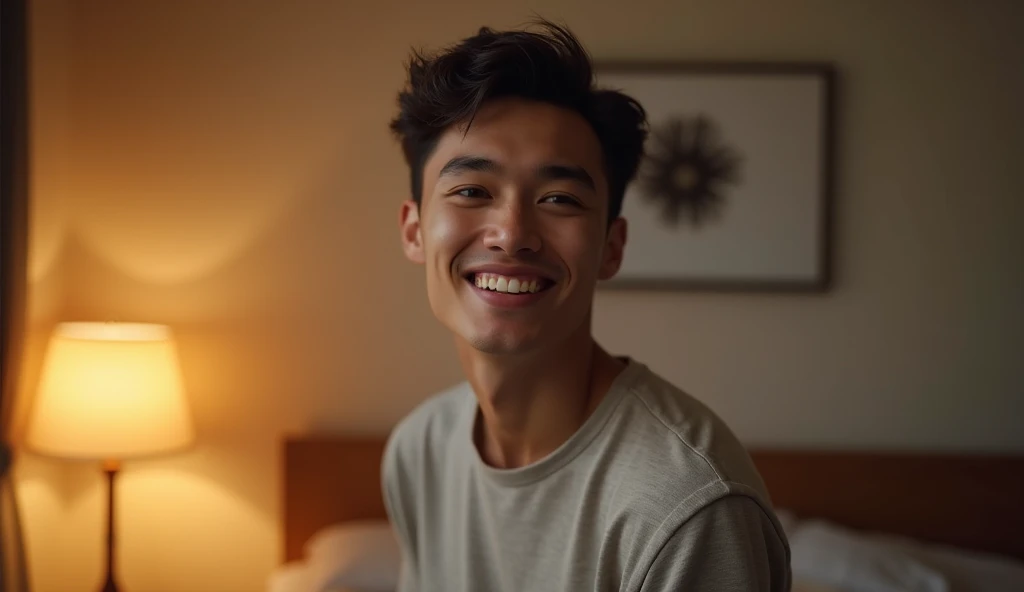 A young smiling Thai muscular naked man lying on the bed , spreading his legs widely opened , big bugle, wearing nothing, naked body , nude