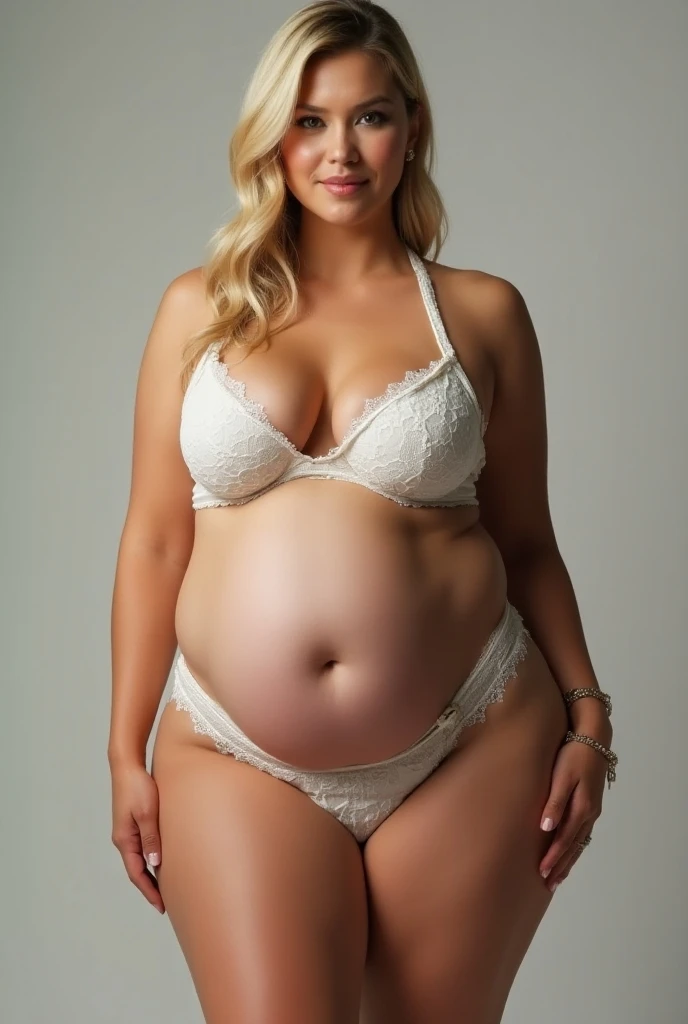 A 2 obese fat pale blonde blue eyed woman wearing a nuisette, proffessional light, photostudio, professional pose, sit on a chair, slave position, no big belly, kneel looking at her owner