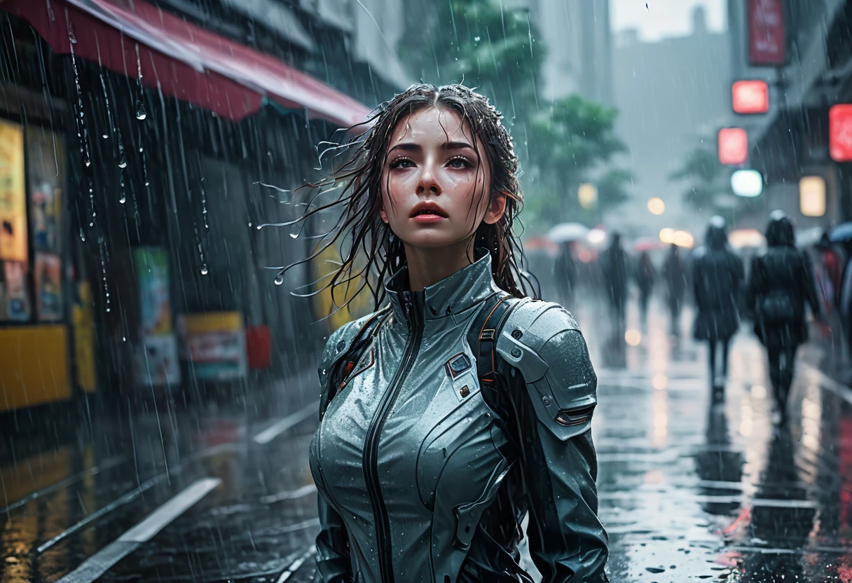 (Masterpiece at maximum 16K resolution: 1.6), (intricate details: 1.4), (extremely insane details: 1.4), (highest quality: 1.3), (hyper_realistic: 1.3 ). Woman looking at the sky, deep emotions, tears running down her face, soft raindrops, fresh vegetation, shiny wet pavement, expressive eyes, pensive expression, sadness, delicate features, long flowing hair, wet clothes, ethereal atmosphere, misty atmosphere , moody lighting, dramatic composition, subtle shadows, emotional charge, melancholic atmosphere, vibrant colors, soft color palette, rainy day aesthetic, raw beauty, moving moment, captivating composition, pain and vulnerability, contrast of beauty and sadness, drops of rain tracing eyelashes and cheeks, loneliness in the crowd, defining moment in your life, hope lingering in your eyes. , (((More_Details))).