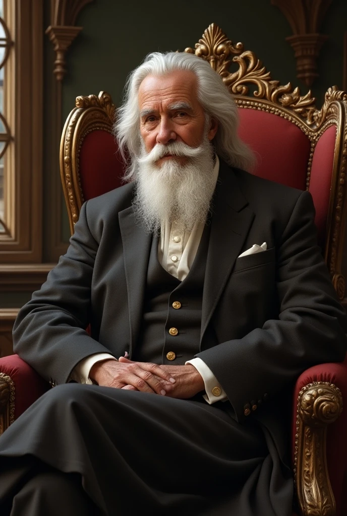 John Glover, An elder butler with a long beard and white hair, with a serene face wrinkles, looking producing, body older weak, skinny bones hairy, body naked, his vest butler black was open to reveal his stomach wrinkles older hairy weak and chest, bow tie, socks and suspense socks, gloves white, boxer old briefs, arms legs neck hands feet skinny old and weak, shy and blushed, Lying on old sofa vintage, lily,master-piece,4K images,beste-Qualit