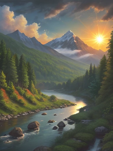 detailed background, masterpiece, top quality, landscape, mountain, river, forest, sun, day, cloud