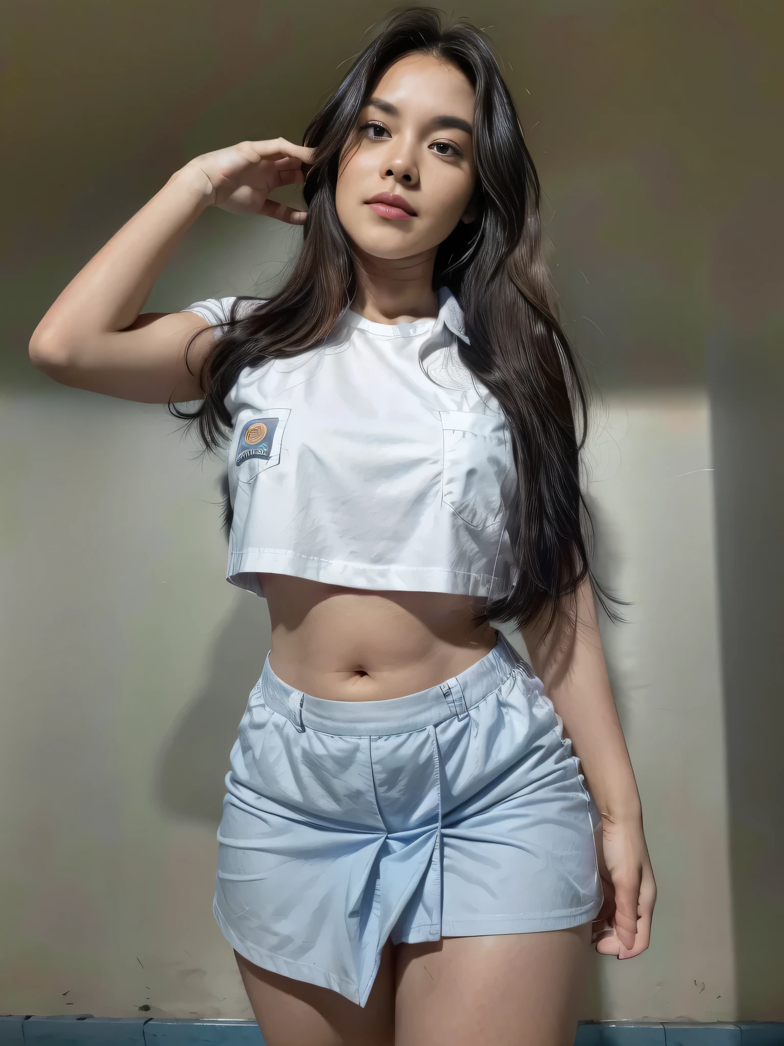 1girl, (Indonesian_high_school), detailed face, detailed eyes, thick breasts, detailed skin, looking at the camera, clear light, (8k, RAW photo, best quality, masterpiece: 1.4), (realistic, realistic: 1.37), ultra-high resolution, photorealistic, high resolution, solo, wide muscular hips, realistic face, (detailed face), black hair Color, camera shot from under, clean armpit, six pack belly, full body angle, s young woman, perfect thighs, muscular thighs, muscular arms, standing, white shirt, grey blue short skirt, asian goddess, long hair, straight hairstyle, muscular abs, thick wide muscular hips, muscular arm, tall body