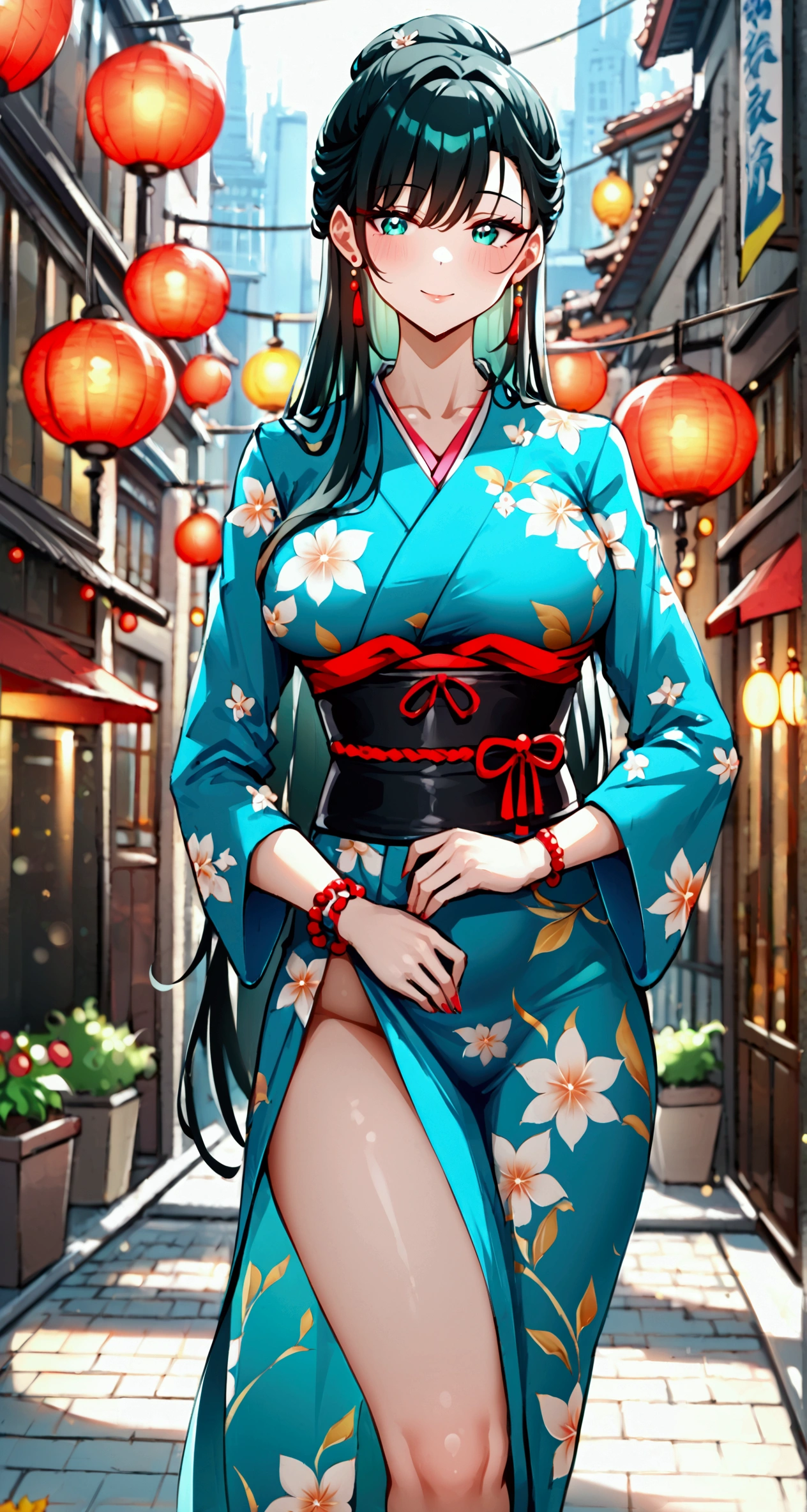 ((one girl)), hyper detailed, absurdres, 8K,Cute face, Beautiful Face, ((Doing sexy poses:1.4)), ((laugh:1.8)), ((Wink:1.8)), (Laugh with your mouth wide open),(Tilt your head:1.3),  View your viewers, ((Bright red cheeks:1.6)),Glossy Red Lips, ((Big Breasts:1.4)) night, Festival stalls on high ground, (Brighten your face), ((Anime style background)),masterpiece, Highest quality, so beautiful,Latest, Complex details, (Pink long nails), (nail art), (ring),(bracelet), (helix piercing:1.7), (Floral Choker),AI-generated, Complex,High resolution, Highest quality, super high quality,3D Images、3D Images,One person,Long white hair,(High Ponytail), Anime woman posing for a photo,((silver eyes:1.6)), ((Fine grain、blue eyes、Shining Eyes:1.3)), (Squint your eyes:1.1),a hyperRealistic , hyperRealistic , Realistic,Anime woman with long white hair, Smooth anime CG art, With gold embroidery、A girl in a gorgeous kimono, ((Black long sleeve kimono:1.3)),(Red large floral pattern) ,Long flower hair ornament,(black high heel sandals), Floral Earrings,Mature Body, expensive,Abdominal muscles,Tight waist,((full body:1.4)), (front view),
