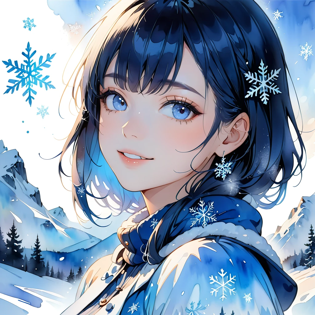 masterpiece, Best Quality,   highest resolution  ,   Gweiz inspired by Los Trans , beautiful, watercolor, Silhouette of a cute Scandinavian girl filled with snow,Snowflake,  looks up at the sky and smiles、Double Exposure, Crisp lines,  blue and white background , 4K Graphics.