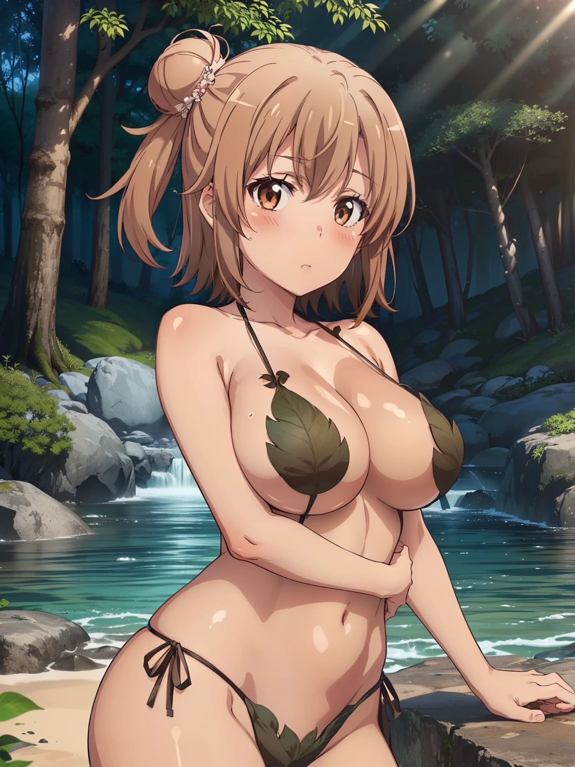 ((Best Quality,  high resolution on down,   perfect pixel,  4K)),  ( Beautiful Anime Girl ),  The Depth of Written Boundaries、
 I feel the audience , 
 perfect body , 

yuigahama yui,  Single Hair Bun, 

(Big Breasts:1.2)、
(Brown Skin:1.7),

leaf bikini, 
uninhabited island、forest、river、rock、
sunlight、

( Blushing :1.3), 