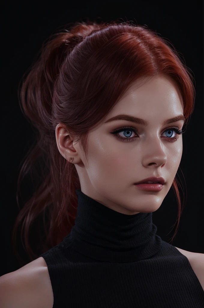 woman ,Auburn-red-hair, medium hair, hairy , pale, black  turtleneck, eyeliner,portrait, beautiful woman, beautiful female ,beautiful ,eyeliner , elegant, digital painting, smooth, dramatic lighting, ultra realistic, 8k, art , blur backgrond, black background ,black background,black wallpaper , blue eyess 