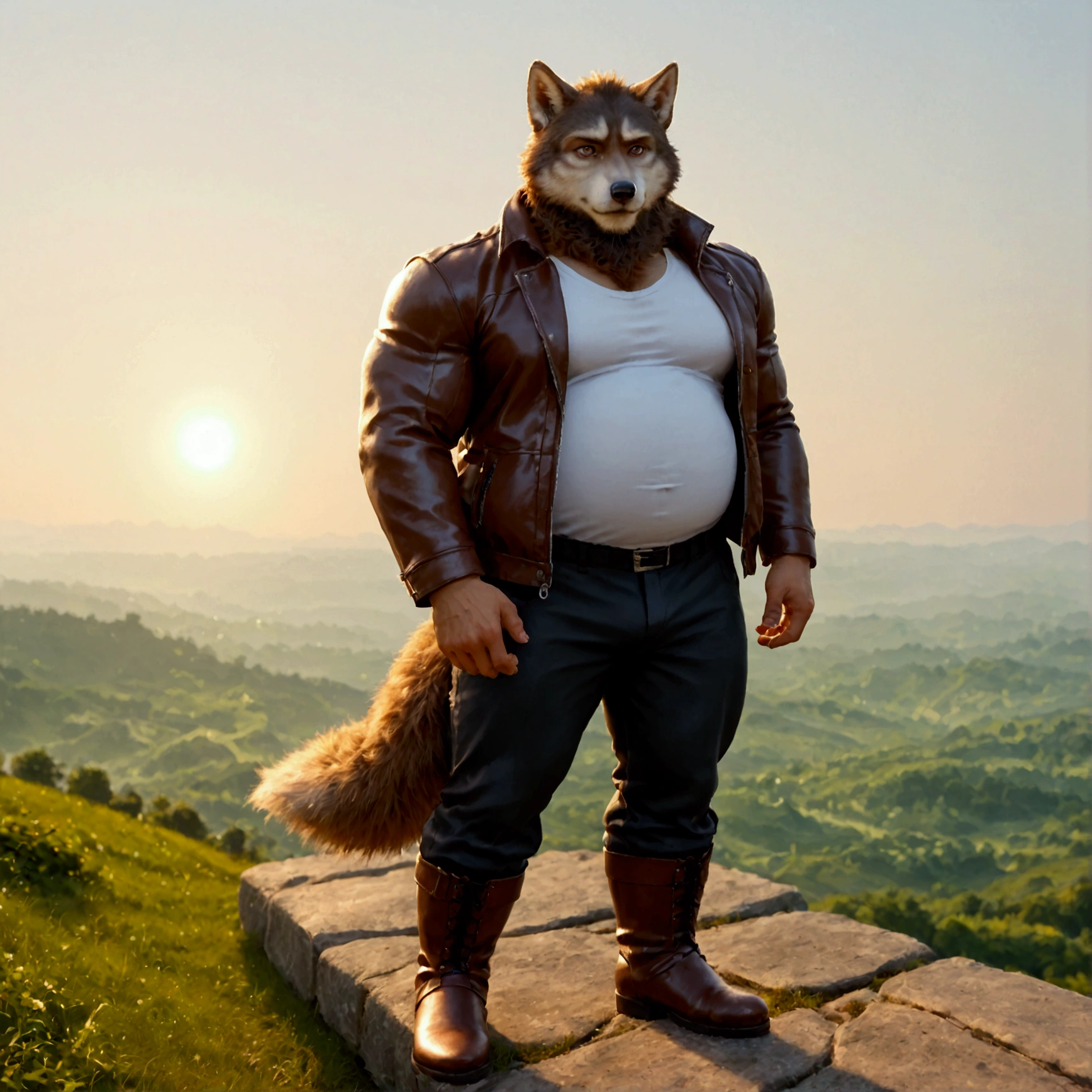 e621 illustration, osukemo, kemohomo, anthropomorphic, furry, cartoon, harmonious body, pastoral face, virtuous eyes, watercolor-like BREAK character focus, full body, looking away, dynamic angle, european fantasy, a musclegut middle-aged wolf man, jacket, shirt, pants, dynamic pose, BREAK complete anatomy, perfect proportions, beautiful thigh gap, fluffy body, intricate fur details, beautiful fur texture, BREAK a detailed wolf 1tail, detailed boots, detailed foot, detailed hands, 5fingers, 5fingers nails, BREAK manly, intense face, insanity detailed face, male face, big face, square jawline, aesthetic anime eyes, detailed brown eyes, detailed brown cornea, detailed dark brown irises, detailed pupils, male eyes, big eyes, male eyebrows, innocent look, beautiful beard, BREAK full body in Michelangelo Buonarroti style, digital illustration anime, housamo style, detailed painting landscape, bedroom, indoor, full color, HDR, BREAK masterpiece, official art, best quality, very aesthetic, absurdres, super fine illustration, great quality, BREAK noise reduction, very highres, large filesize, high quality, 32K, 8k wallpaper, dynamic lighting, BREAK insanity detailed, ultra detailed, intricate details, extremely detailed, detailed texture, an extremely delicate and beautiful, 