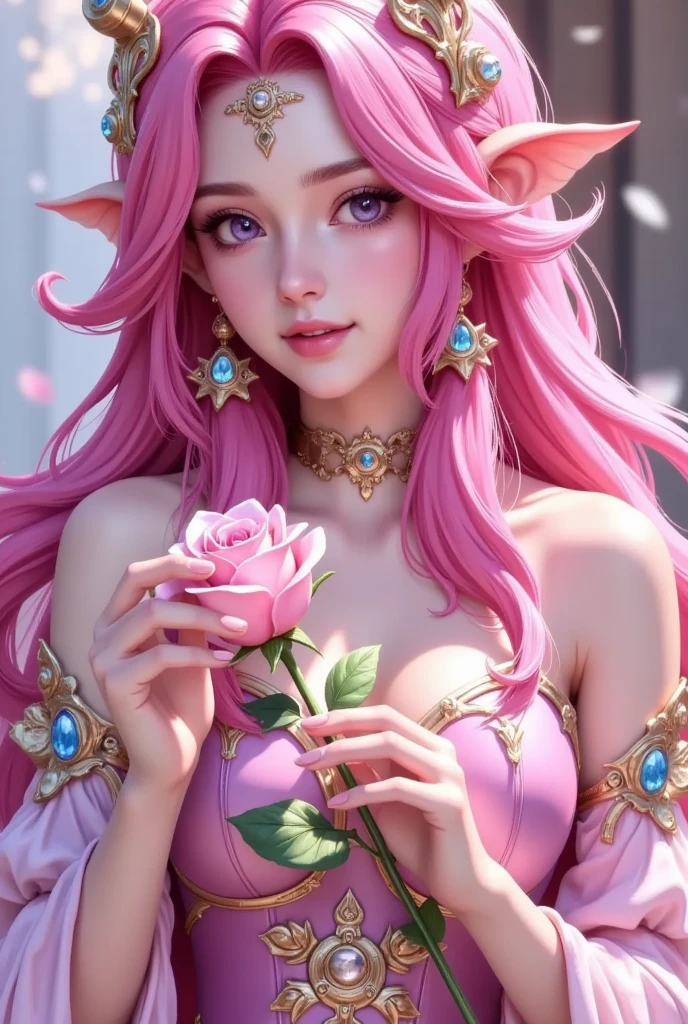  close-up of a woman in a pink dress holding a rose,  DIGITAL ART INSPIRED BY ROSSLY , ArtStation, Fantasy Art,  beautiful and attractive anime woman ,  extremely detailed artgerm , 8K HD Detailed Art ,  Seductive Elf Princess Knight , beautiful Fantasy Art,  beautiful fantasy anime , Anime Goddess, A beautiful fantasy queen, Beautiful fantasy girl