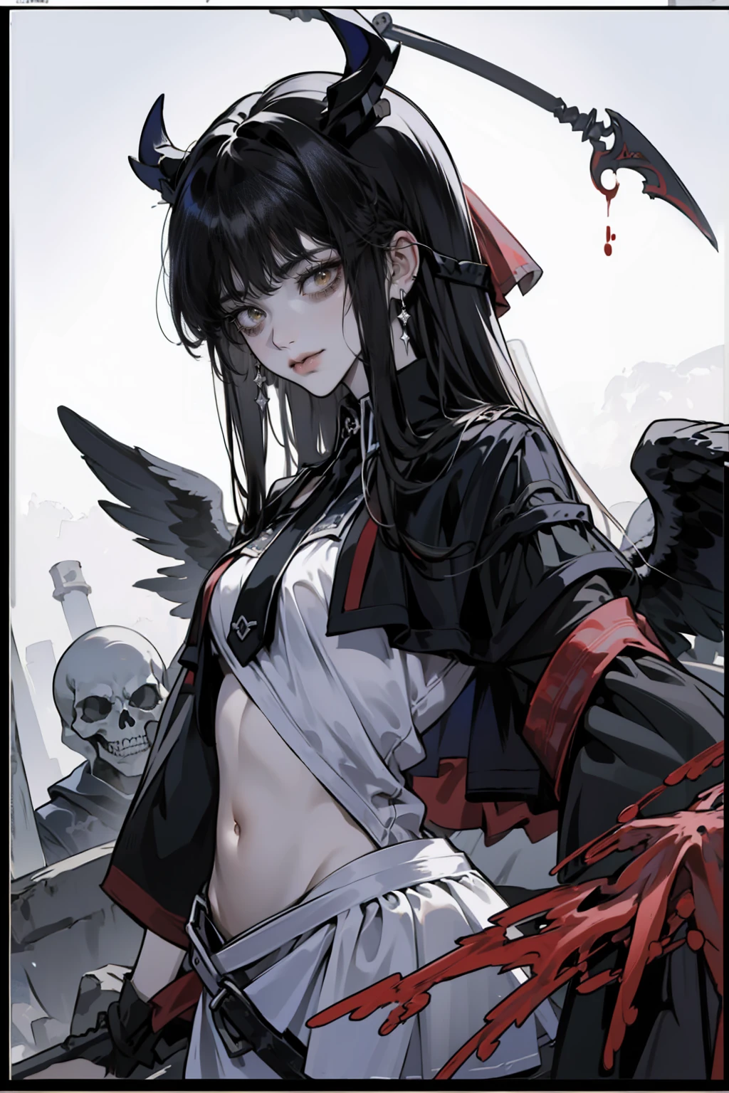 (Best Quality,4K, high resolution on down,masterpiece:1.2), very detailed,Realistic:1.37, Spooky altar background ,Dark fantasy,Red Scheme ,Ominous atmosphere,Eye-catching,story,anatomy,Scary smile,LOL,Laugh like crazy, I sleep on my bed in an anime style , concept art ,beautiful細部までこだわった顔と (((red eyes ))),A terrifying ritual ,Satan's Ritual ,Premature death,Improper behavior,クレイジーなsmile,Scythe Face,Girl Monster, beautiful, delicate facial features, SharpEye,  sharp fangs, Pale skin, Thick Chain, Dark Background,  Movie Lighting,  dramatic shadows,  gothic style ,  Gloomy Atmosphere , Dark fantasy,  one girl playing pranks, ,  open your mouth wide, Open your mouth and peel your fangs , Beastly Sharp Teeth , Wide lips, Very big mouth,  red cheeks , ,( Blood Splatter :1.2),Scary smile, smile,Fallen angel design, Twisted smile、Bloody、Head bleeding,,,、 Blood Splatter 、,( Blood Splatter :1.2),Crossbones, skull,Horror Style, ((Fantasy Fallen Angel Costume)), ((Fluttering black hair)), ,( Blood Splatter :1.2),Female Curves,  sexy flat stomach , Perfect hands, Perfect anime face, ((White Teddy Dress)),  is standing, ((邪悪なsmile)), ,( Blood Splatter :1.2), Steam circulation, Moonlight Illumination,  Night Lighting , disaster々New Devil Horns,,( Blood Splatter :1.2),アニメFallen angel design, Twisted smile、Bloody、Head bleeding,,,、 Blood Splatter 、,( Blood Splatter :1.2),Crossbones, skull, Gothic architecture 、Western architecture、  Fantasy World  、,Victorian city, Skeleton Gas Light,
